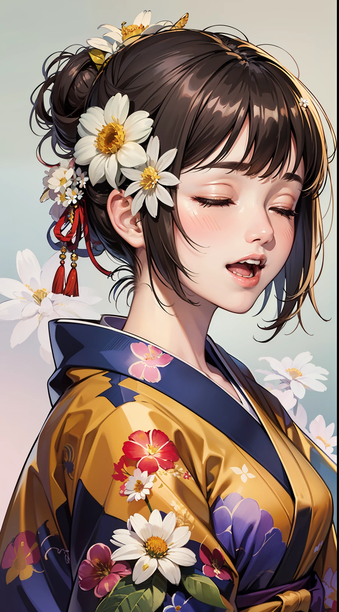 (Masterpiece, best quality, very detailed CG, complex details:1.2),beautiful and aesthetic,animation,1girl,solo,(flower:2),closed eyes,smile,open mouth,white background,blush,japanese clothes,simple background,kimono,facing viewer,upper body,bangs,floral print,brown hair,white flower,(hair flower:2.2),(hair ornament:1.3),:d,hair bun,happy,black hair,^_^,pink flower,orange flower,single hair bun,holding,portrait,leaf,daisy,short hair,red flower,teeth,watercolor \(medium\),