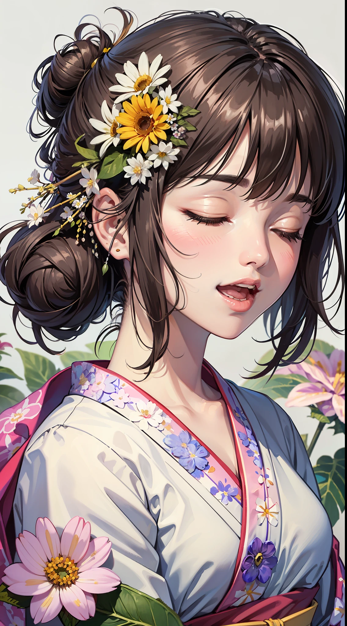 (Masterpiece, best quality, very detailed CG, complex details:1.2),beautiful and aesthetic,animation,1girl,solo,(flower:2),closed eyes,smile,open mouth,white background,blush,japanese clothes,simple background,kimono,facing viewer,upper body,bangs,floral print,brown hair,white flower,(hair flower:2.2),(hair ornament:1.3),:d,hair bun,happy,black hair,^_^,pink flower,orange flower,single hair bun,holding,portrait,leaf,daisy,short hair,red flower,teeth,watercolor \(medium\),