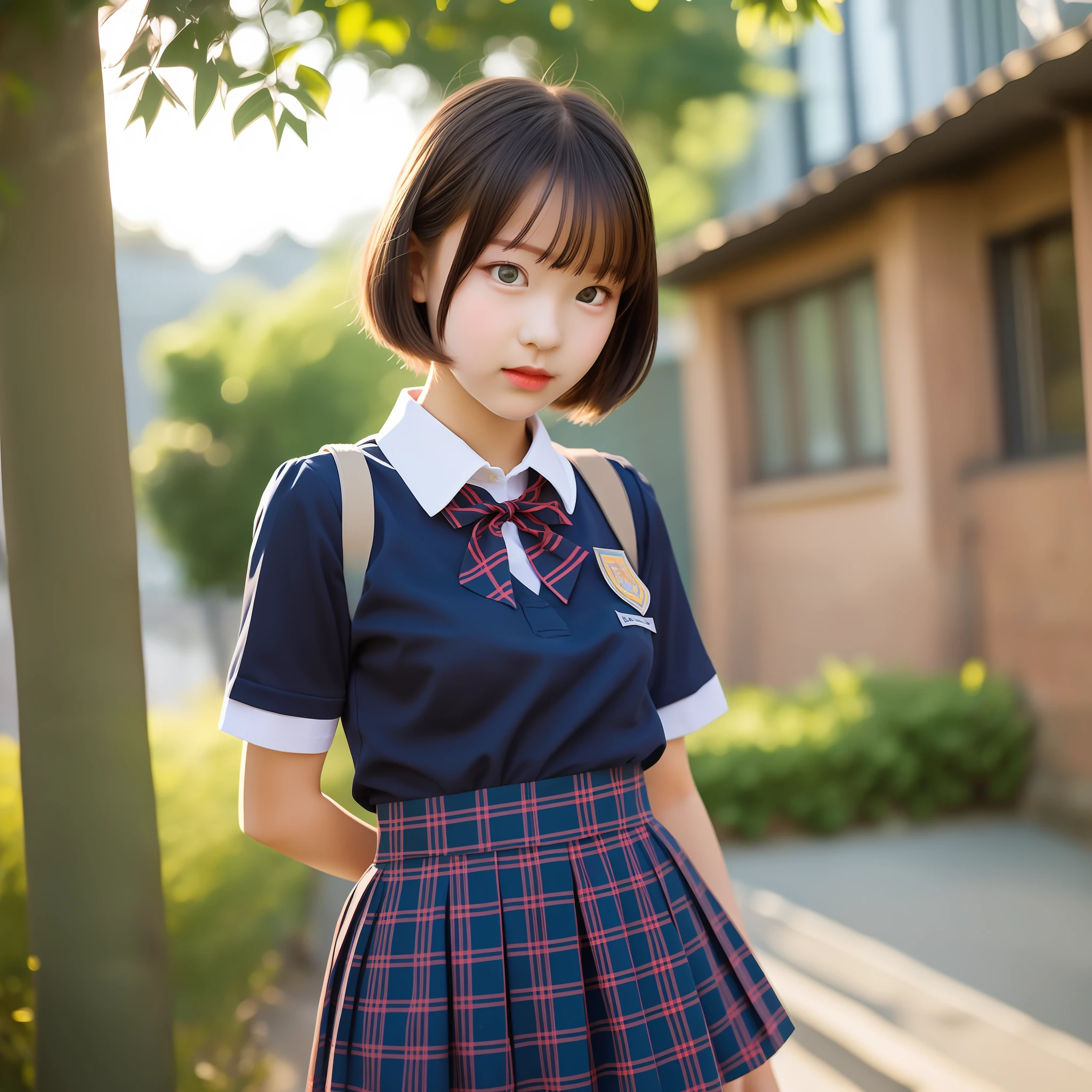 Cute schoolgirl, short cut, face up shot, small ribbon in summer uniform, puberty, dusk, frontal, portrait, school, looking at camera