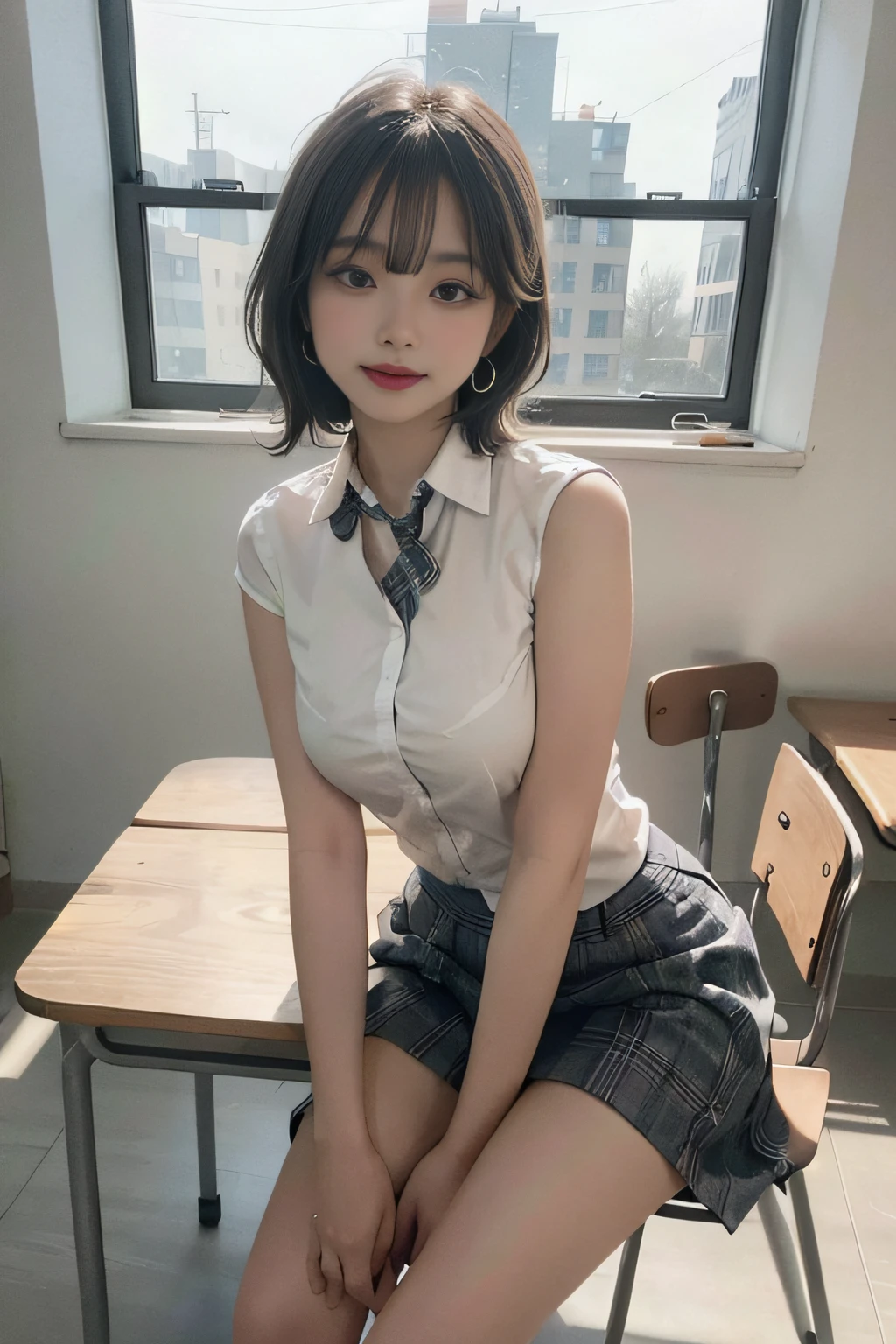 Best image quality, RAW photos, ultra-high resolution, taken from the side, gentle smile, -yeld Kon, very big breasts, fair skin, shiny white skin, short bob, bright silver hair, neatly aligned bangs, blazer, tie, ribbon, school uniform, collared shirt, plaid skirt, beautiful eyes, beautiful eyes of random colors, very thin lips, beautiful eyes with details, elongated eyes, pale pink cheeks, long eyelashes, beautiful double eyelids, eye shadow, beautiful thin legs, beautiful constriction, earrings, necklace, school, sitting big desk, classroom