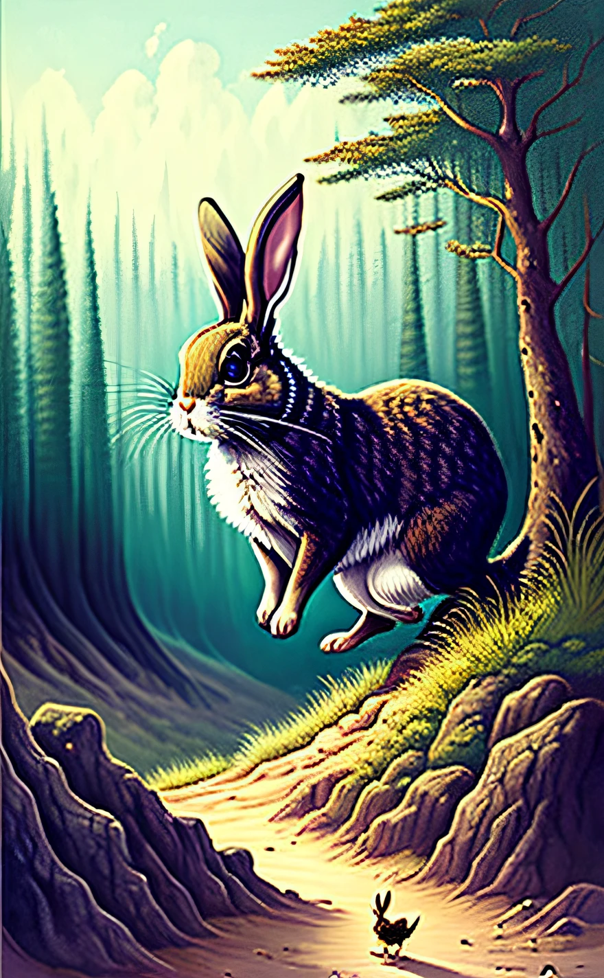 The Fool
"A brave rabbit stepping off a cliff, curious and oblivious to danger. A doglike creature eagerly warns him. A creepy forest looms in the background."