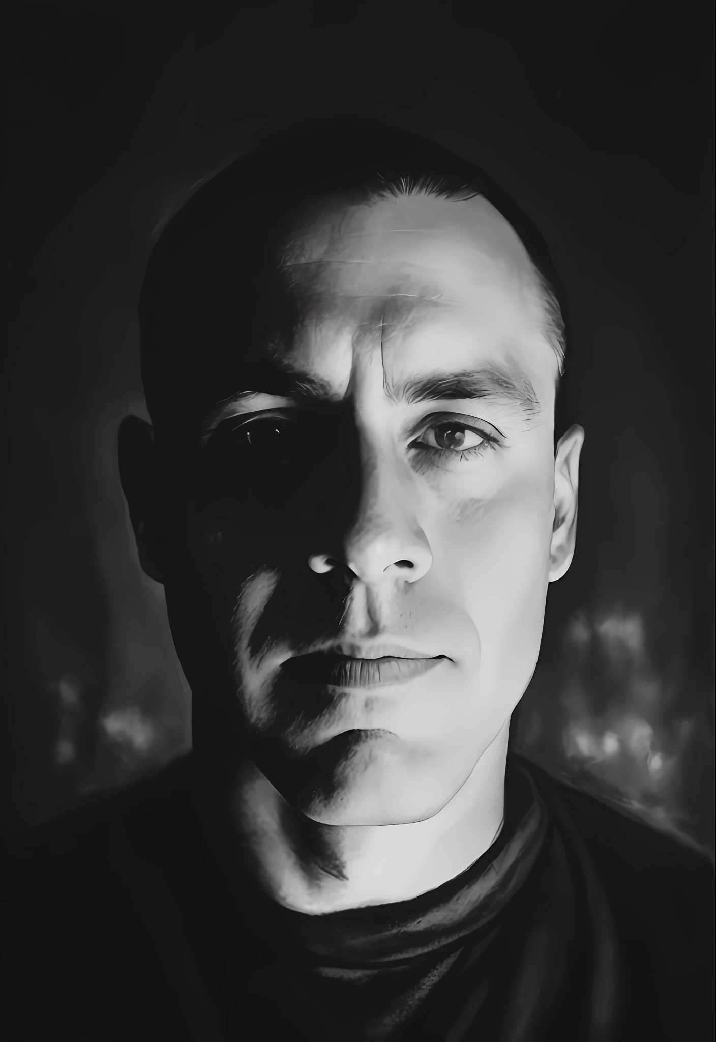 Arafed black and white photo of a man with a black shirt, chiaroscuro portrait, 3 5mm portrait, cinematic portrait, 8k shot portrait, cinematic headshot portrait, dark portrait, blank look", film portrait, portrait image, black and white portrait, 4k portrait, sharp looking portrait, dramatic portrait, inspired by Wojciech Siudmak transformed into an oil painting