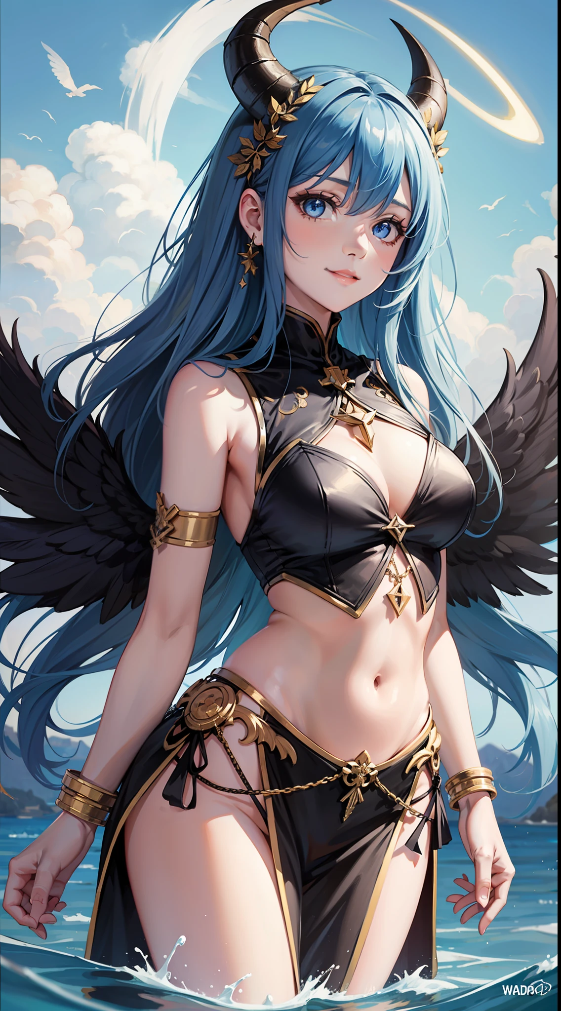 1 Girl,1 sexy girl, 1girl,solo,greek clothes, peplos, 1girl, solo, wings, long hair, blue eyes, blue hair, halo, horns, outdoors, arms behind back, wading, sky, water, demon horns, smile, sleeveless, feathered wings, standing, tree, sleeveless dress, blue sky, day, looking to the side, black wings, tail, breasts,