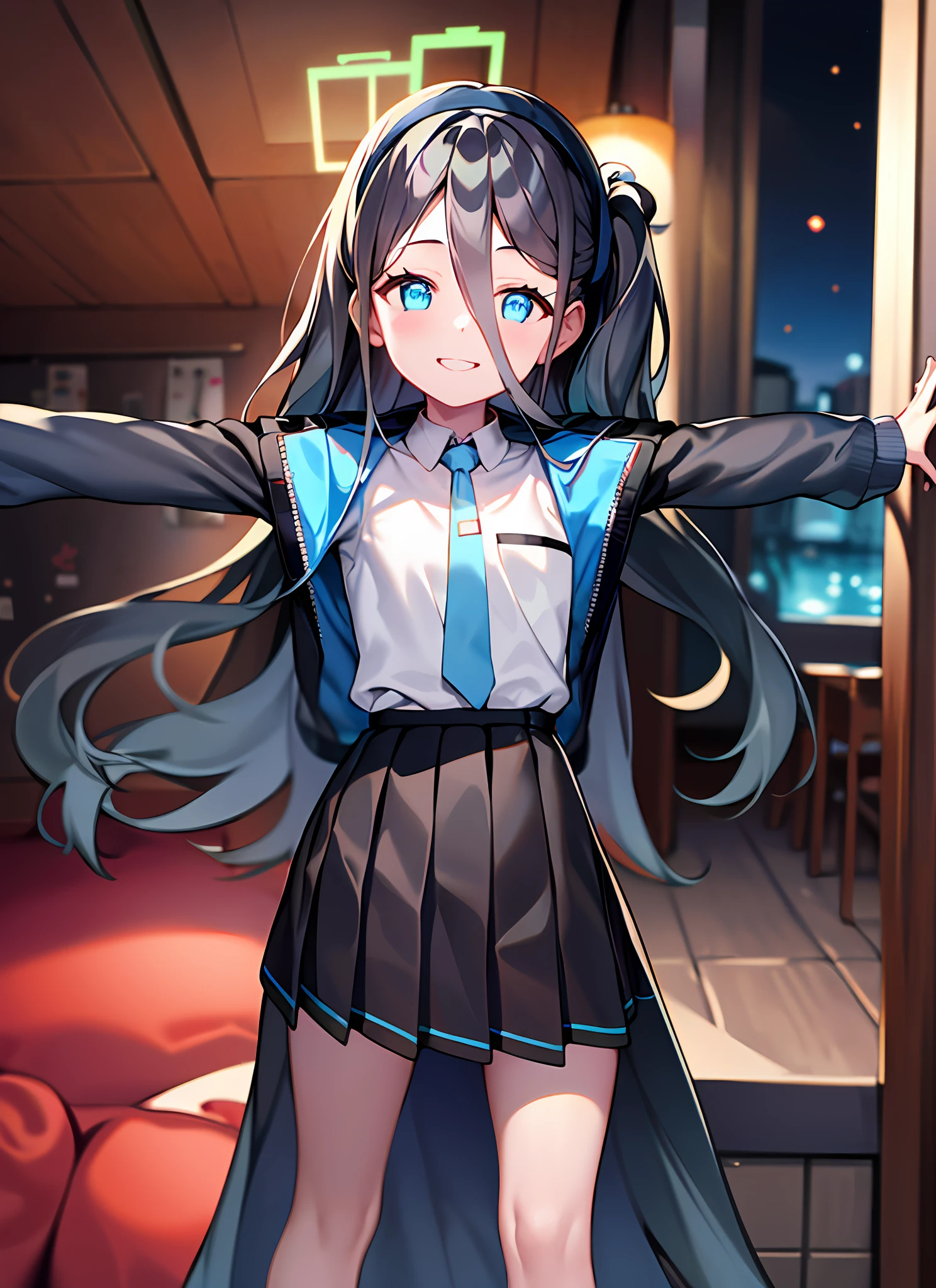 pureerosface_v1:0.66), best quality, ultra high definition, (photorealistic: 1.4), one girl, fine eyes, dark-eyed makeup, slim waist, blush, K-pop idol, (charm: 1.0), fine-eyed makeup, puffy eyes, solo, perfect anatomy, (big), (slender), (black hair: 1), (watch viewers). (original_alice), (light blue tie), (marine blue eyes), (zhuo),(alice_halo:0.7),(blue halo),(smile),(happy),(pigtails),(long hair),(long bangs),(blue archive),(black hair band),(long coat),(school uniform),(white long-sleeved shirt),(pleated skirt),(navy blue skirt), Depth of field, facial details, skin luster, beautiful eyes, dark eye makeup, slim waist, blush, fine eye makeup, solo, perfect anatomy. (((Arms outstretched))). (((gentle smile))).Night.room. (((Proud))).