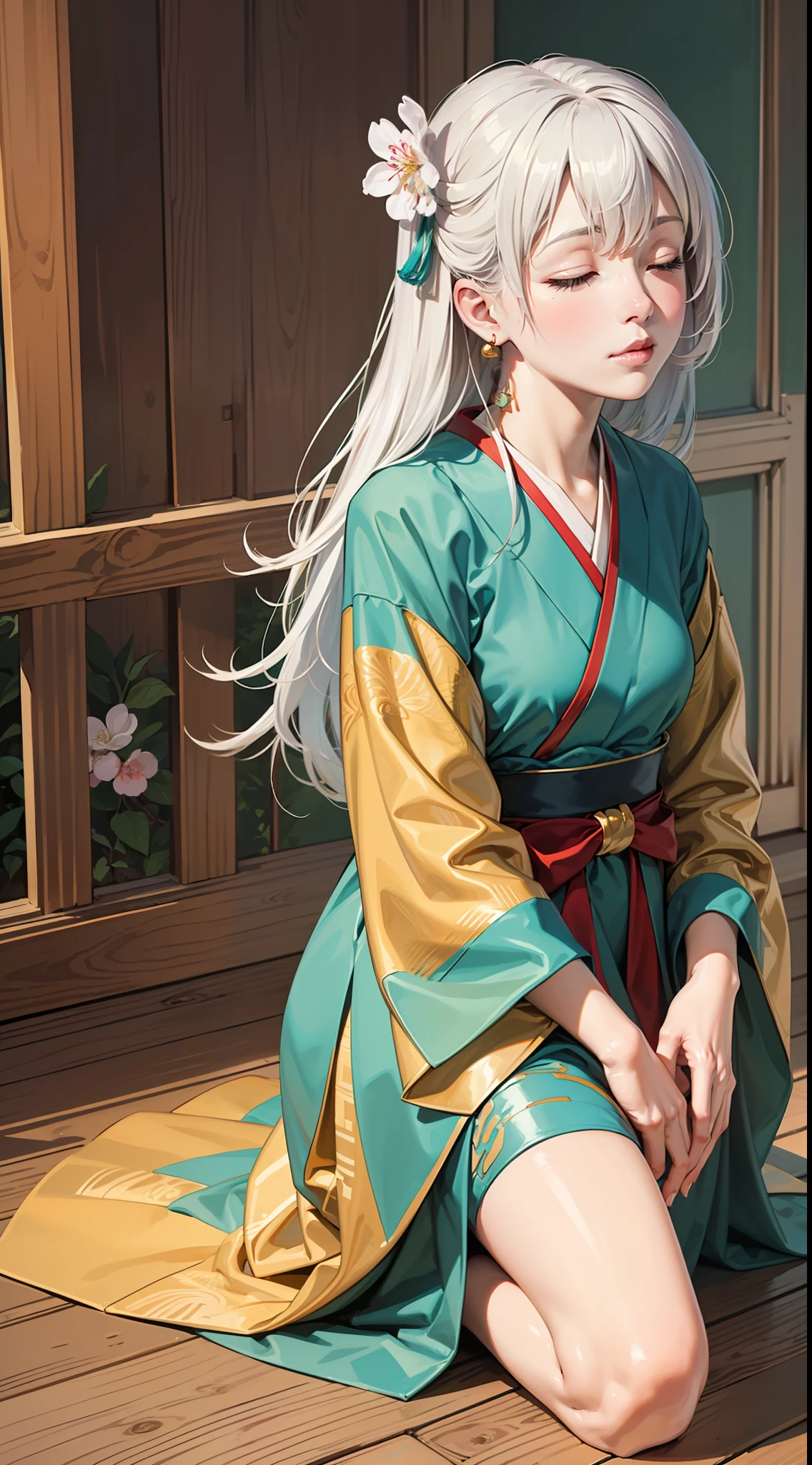(original), (masterpiece) , (best quality) , (reality:1.3) , photorealistic, Octane rendering, (surreal:1.2) , perfect features,1 girl, colorful,translucent hair, (glowing inner hair),the perfect appearance,white hair,(closed eyes),long hair,hime cut, cowboy shot,(hanfu),(Peach Blossom Tree:1.2),(Dark green clothes:1.4),(kneeling,wood floor,Golden Hairpin,hand on own knee),(Facing the viewer:1.4),(flat color:1.2)