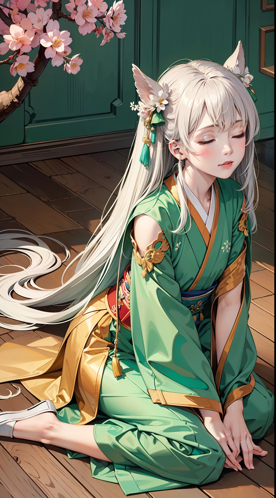 (original), (masterpiece) , (best quality) , (reality:1.3) , photorealistic, Octane rendering, (surreal:1.2) , perfect features,1 girl, colorful,translucent hair, (glowing inner hair),the perfect appearance,white hair,(closed eyes),long hair,hime cut, cowboy shot,(hanfu),(Peach Blossom Tree:1.2),(Dark green clothes:1.4),(kneeling,wood floor,Golden Hairpin,hand on own knee),(Facing the viewer:1.4),(flat color:1.2)