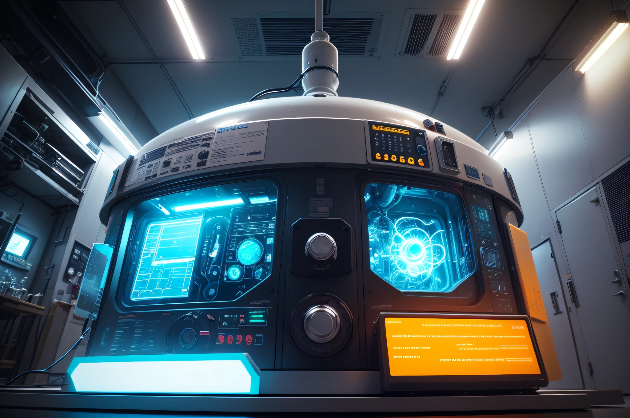 ((photo)), ((best quality)), ((masterpiece)), ((detailed)), a high tech science laboratory with quantum engineering equipment and bright vivid neon lighting, looking into a massive neon lit centrifuge with electric current running thru machines and arcing blue electricity.