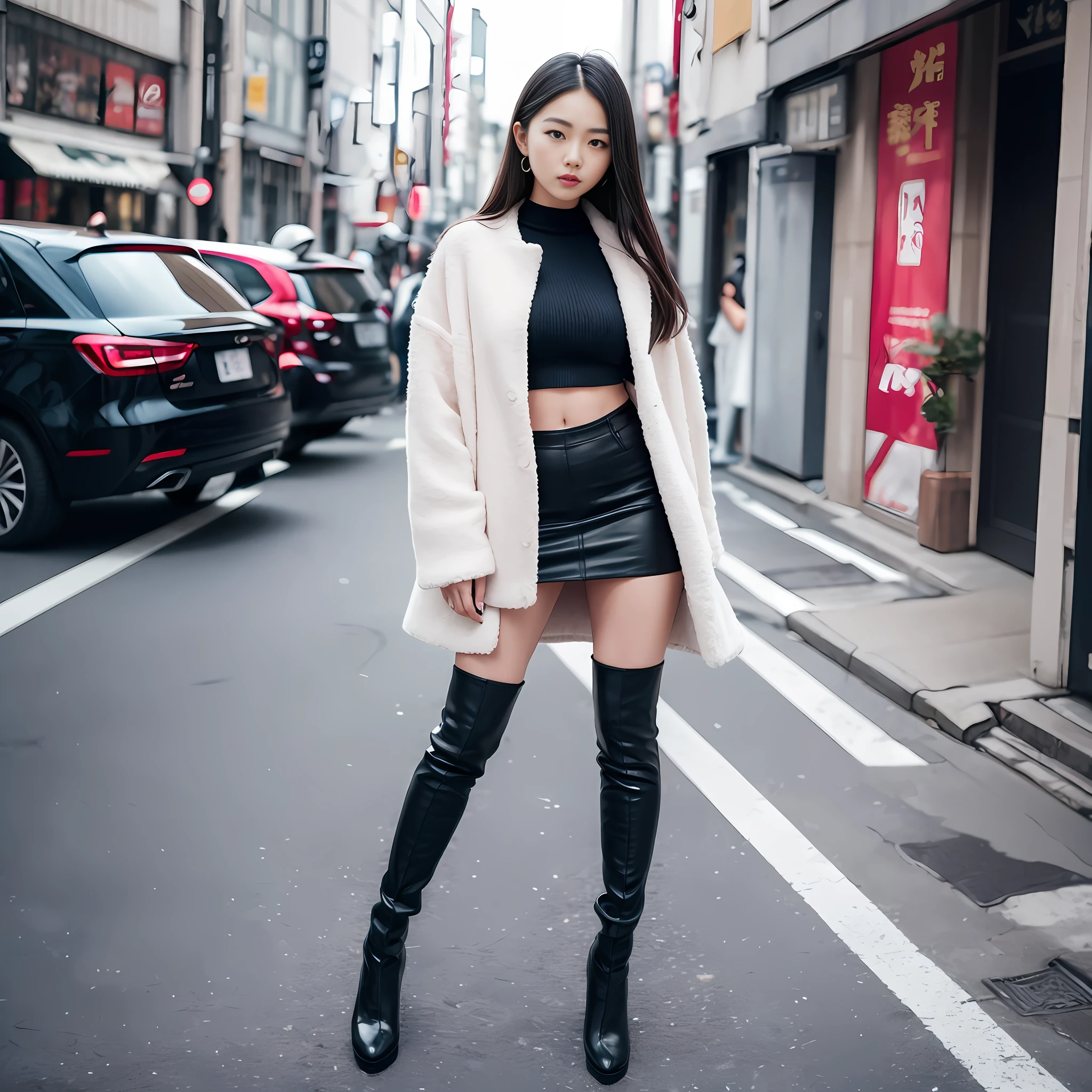 A woman in a white top and black boots standing on the street, Chinese female fashion model, white fluffy clothes, short skirt and long jacket, Japanese city street fashion, black pink Rosan Park, she wears streetwear, Japanese street fashion, Tokyo fashion, street dress woman in jacket and skirt, street fashion, Harajuku street fashion, beautiful woman walking in the wind, black gloves, over-the-knee red boots, tall, long legs, perfect body proportions, thin waist, black suspender stockings, tall, Slender body, nine-headed body, big eyes, beautiful and exquisite face, perfect body details, perfect body proportions, perfect visual proportions, fashion shooting, glamorous, feminine, delicate, highlighting female curves, subtext: sexy, confident. Chinese woman --auto --s2