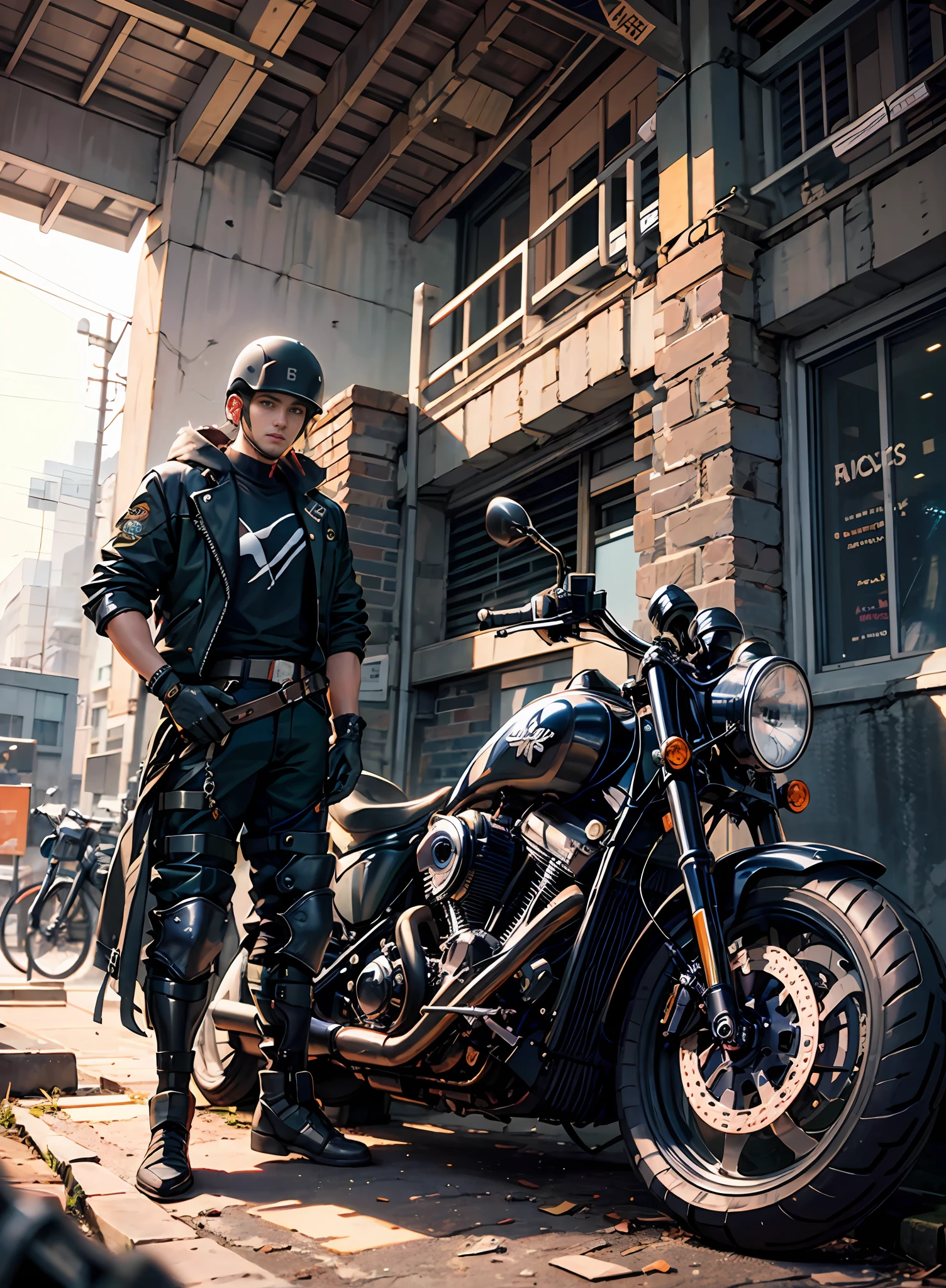 1 young man 30 years old, strong, athletic , t-shirt, camouflage, gloves, clothes around the waist, trousers, helmet, knee pads, shoulders, spikes, biker clothes, from below crossed arms look down at the viewer, leaning on the bike, , angle