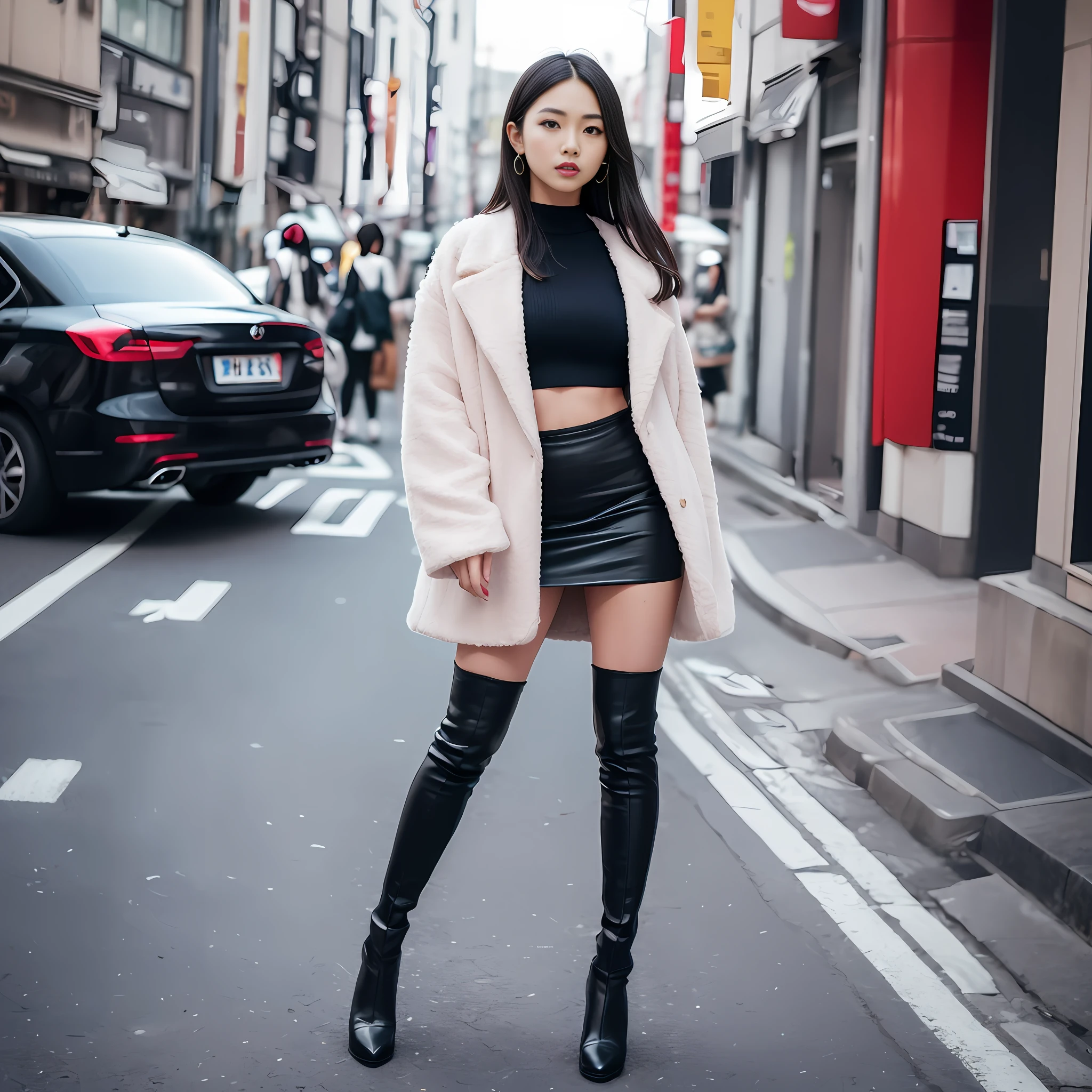 A woman in a white top and black boots standing on the street, Chinese female fashion model, white fluffy clothes, short skirt and long jacket, Japanese city street fashion, black pink Rosan Park, she wears streetwear, Japanese street fashion, Tokyo fashion, street dress woman in jacket and skirt, street fashion, Harajuku street fashion, beautiful woman walking in the wind, black gloves, over-the-knee red boots, tall, long legs, perfect body proportions, thin waist, black suspender stockings, tall, Slender body, nine-headed body, big eyes, beautiful and exquisite face, perfect body details, perfect body proportions, perfect visual proportions, fashion shooting, glamorous, feminine, delicate, highlighting female curves, subtext: sexy, confident. Chinese woman --auto --s2