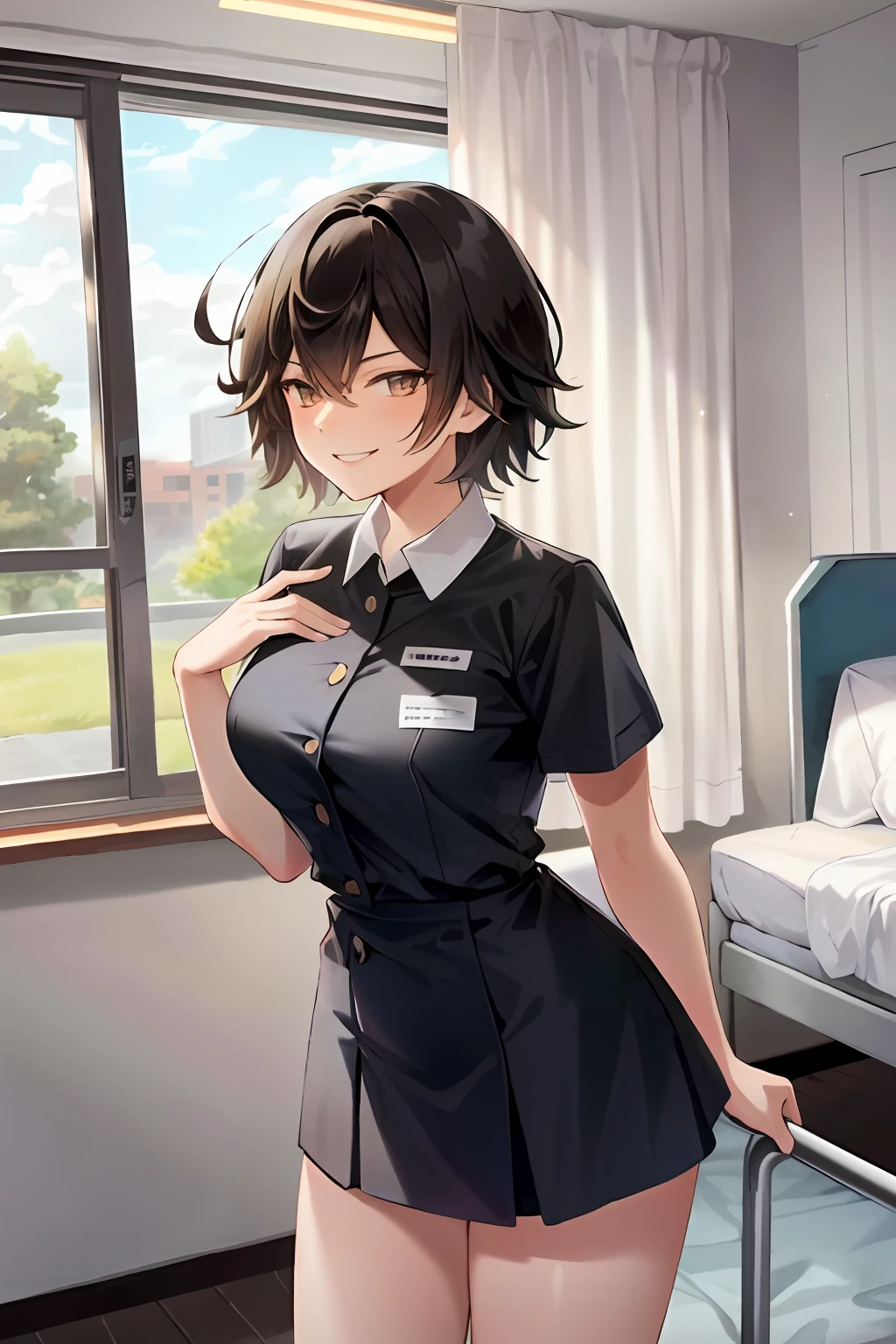 Masterpiece, Top Quality, High Resolution, Masterpiece, Adult Woman One, Evil Smile, Evil Smile, Evil Plan, Black Hair, White Nurse Uniform, Short Hair, Brown Eyes, Mini Skirt, Hospital Room