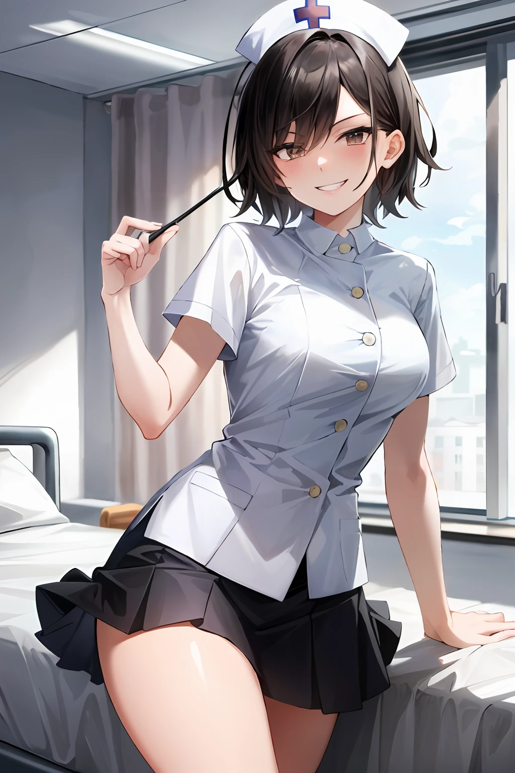 Masterpiece, Top Quality, High Resolution, Masterpiece, Adult Woman One, Evil Smile, Evil Smile, Evil Plan, Black Hair, White Nurse Uniform, Short Hair, Brown Eyes, Mini Skirt, Hospital Room