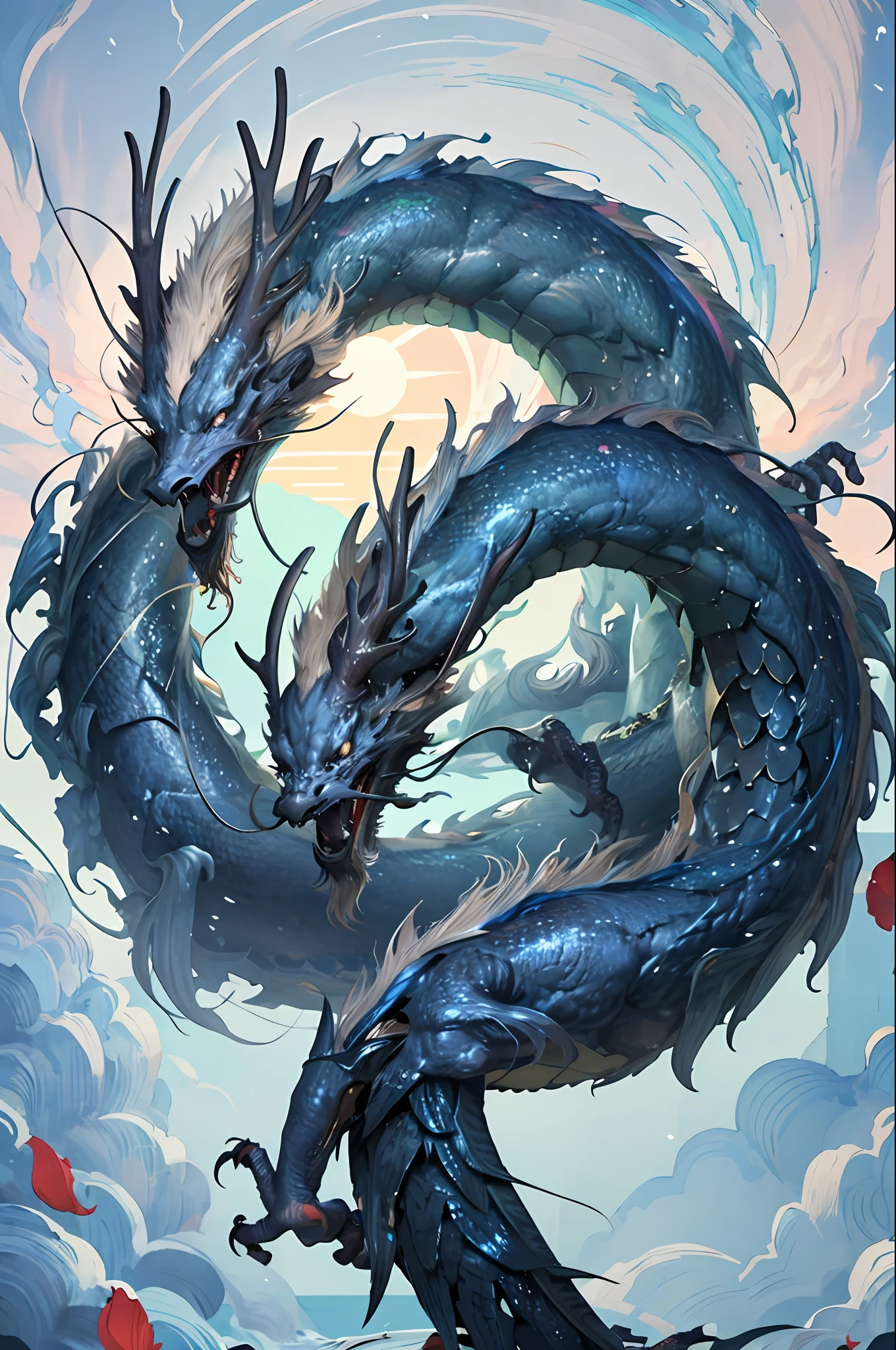 iridescent, masterpiece, (on black background: 1), Chinese dragon, black flower, tree, petal, wind, god, long wavy body, fang, fantasy, myth, high quality, highly detailed, masterpiece, epic, particle effect, dynamic effect, sun background