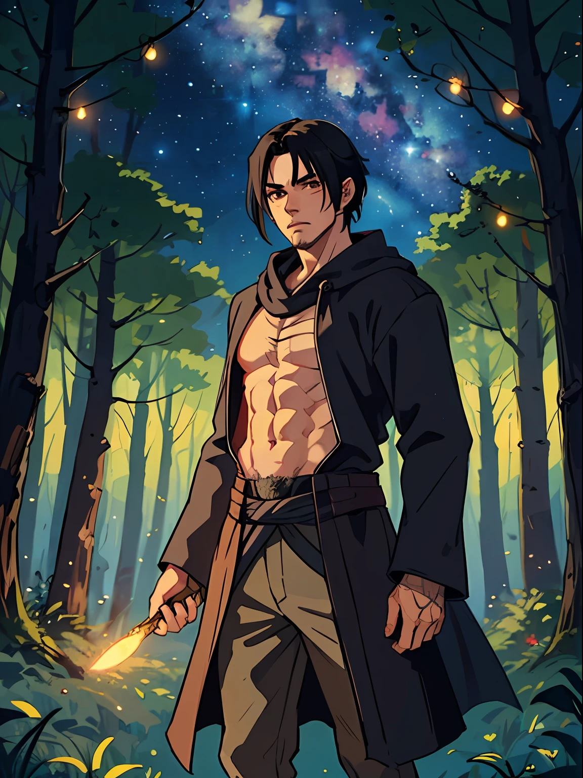 mm brown man with several marks on the body these marks are scars he is manly but does not have a beard he has a strong physical size but is not very large and is thin although muscular his hair is black and of medium size a hair half fulfilled at the height of the ears as a chanel cut or as a hair style itachi uchiha, This man is a medieval wild hunter wearing hunter costumes in the middle of a night forest, stars in the sky an impressive night sky full of magic and galaxies in a night forest, impressionism enough lights and shadows, magic red glow, several scars on the body