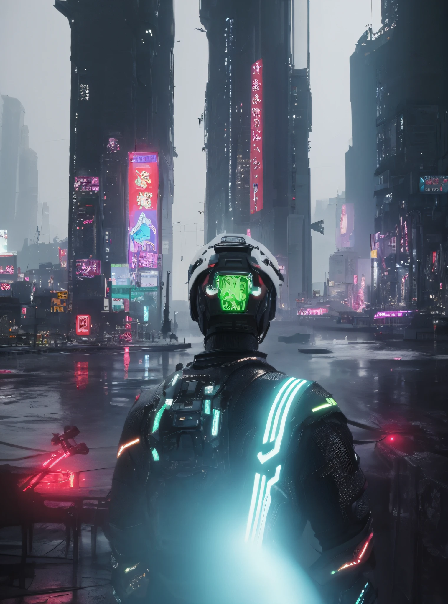 This is a hyper-detailed, high-resolution and top-quality CG Unity 8k wallpaper, the style is cyberpunk, mainly black and red, the picture shows a future mech warrior standing in front of a body of water, wearing a steam mecha, (the color is mainly black and white), in front of the sci-fi cityscape, cyberpunk Hiroshima, Shinkai Makoto. Octane rendering, inspired by Liam Wong, very detailed futuristic background of Tokyo, neon megacity in background, detailed complex busy background, sprawling metropolis in future dystopia, changing carbon fiber style,
