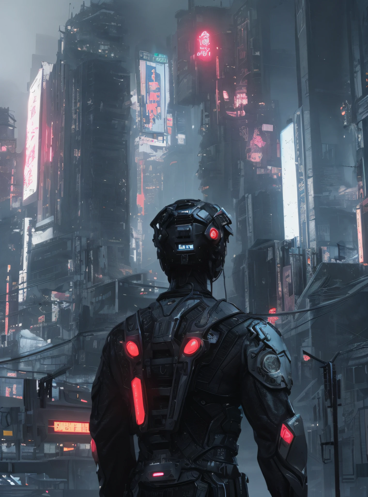 This is a hyper-detailed, high-resolution and top-quality CG Unity 8k wallpaper, the style is cyberpunk, mainly black and red, the picture shows a future mech warrior standing in front of a body of water, wearing a steam mecha, (the color is mainly black and white), in front of the sci-fi cityscape, cyberpunk Hiroshima, Shinkai Makoto. Octane rendering, inspired by Liam Wong, very detailed futuristic background of Tokyo, neon megacity in background, detailed complex busy background, sprawling metropolis in future dystopia, changing carbon fiber style,