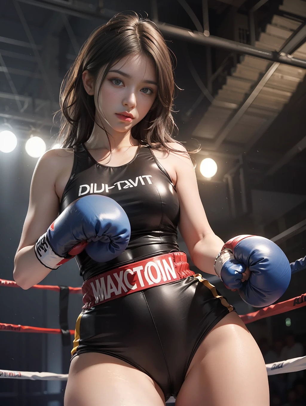 ultra detailed, masterpiece, best quality, photorealistic,1beatiful girl,boxing uniform,beautiful idol face,detailed eyes,dark color hair,large ,narrow waist,beatiful legs, in boxing venue,detailed shadow,