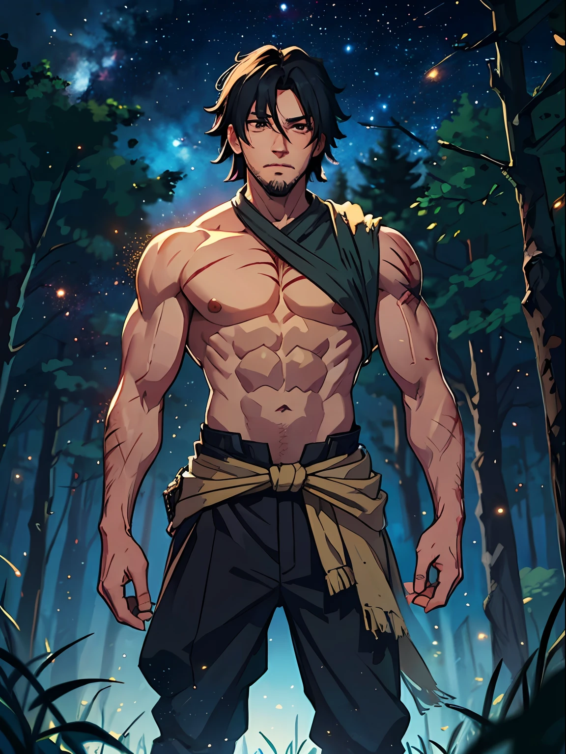mm brown man with several marks on the body these marks are scars he is manly but does not have a beard he has a strong physique but is not very large and is thin although muscular his hair is black and of medium size a hair half fulfilled at the height of the ears as a chanel cut or as a hair style sasuke uchiha, This man is a medieval wild hunter wearing hunter costumes in the middle of a night forest, stars in the sky an impressive night sky full of magic and galaxies in a night forest, impressionism enough lights and shadows, magic red glow, several scars on the body