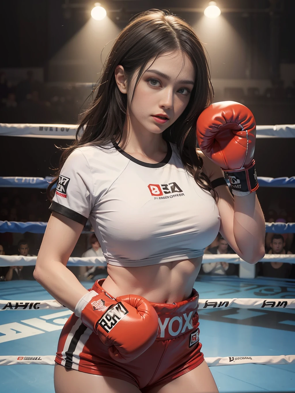 ultra detailed, masterpiece, best quality, photorealistic,1beatiful girl,boxing uniform,beautiful idol face,detailed  eyes,dark color hair,large breasts,narrow waist,beatiful legs, in boxing venue,detailed shadow,