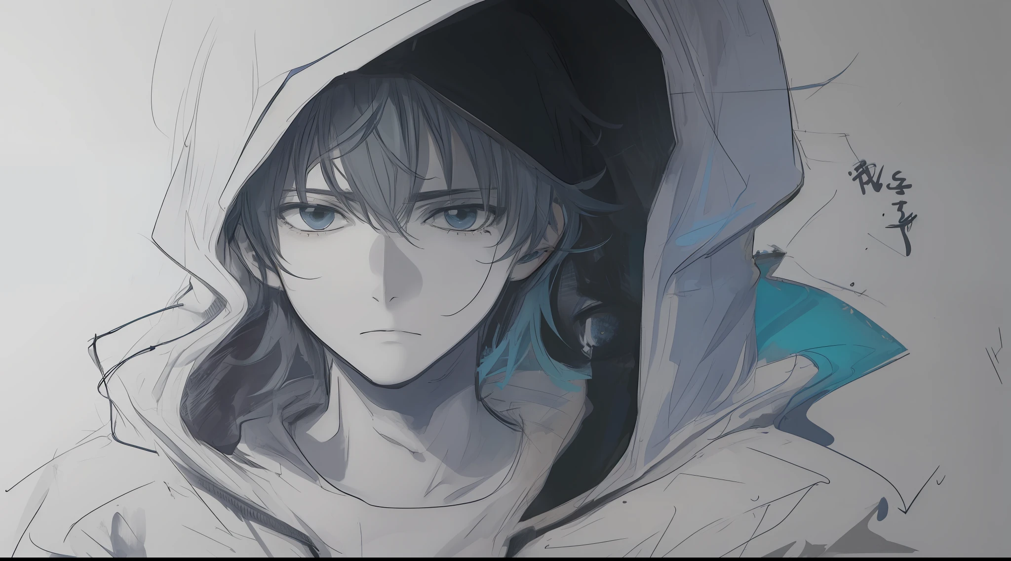 simple drawing of a sad boy, scribble, sad boy, hood, sad environment, sketch, colorful