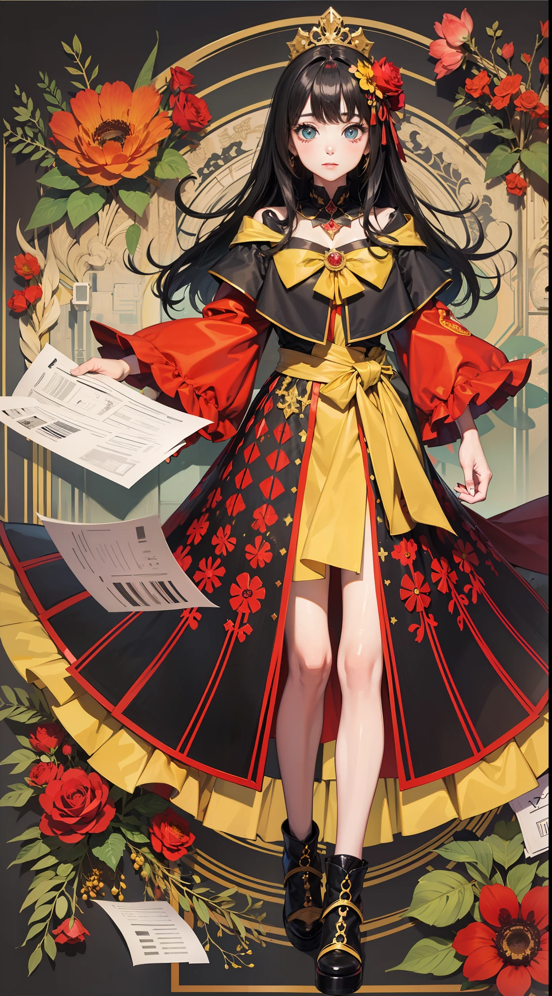big eyes,black hair,best quality,yellow cape,around with red flowers,red clothes,paper cut art