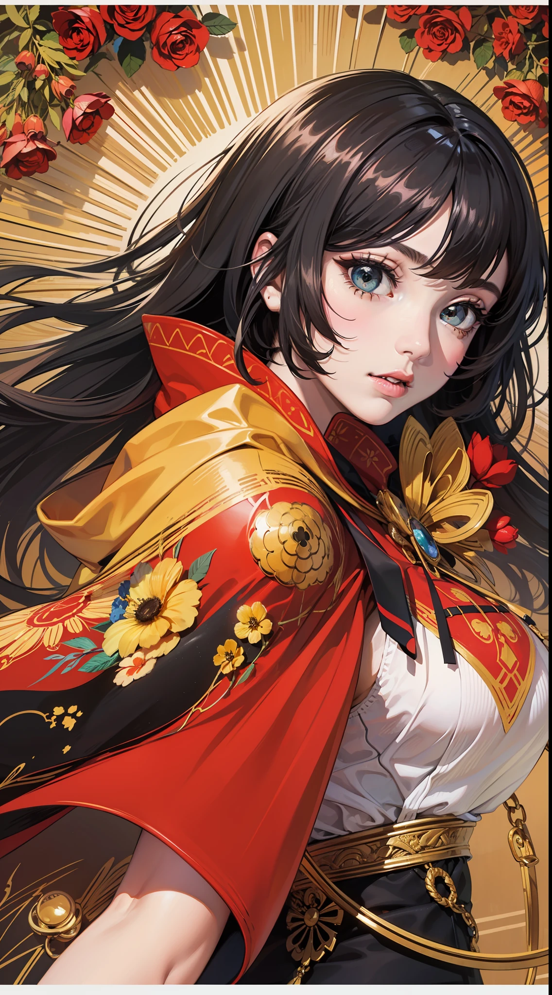 big eyes,black hair,best quality,yellow cape,around with red flowers,red clothes,paper cut art