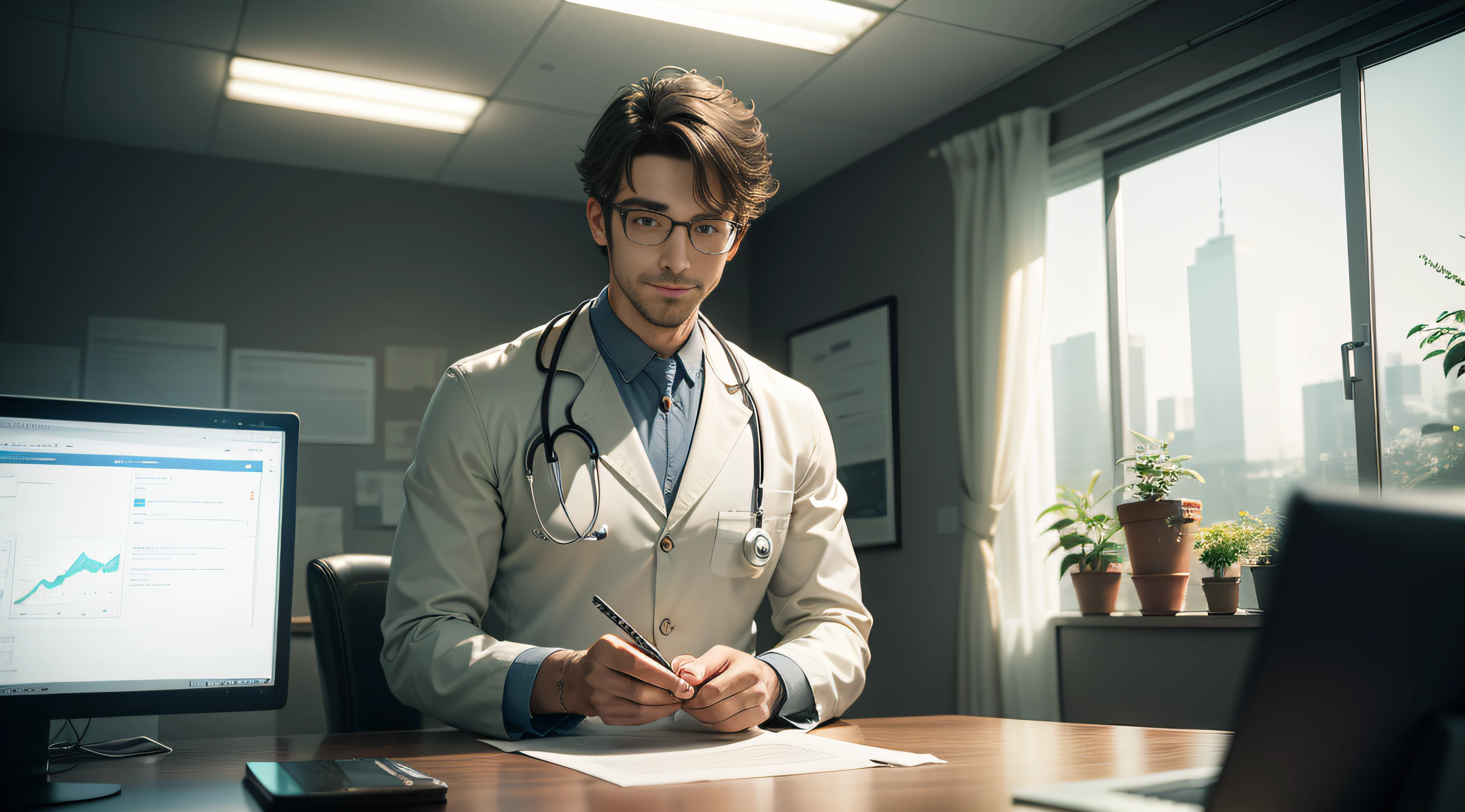 A handsome male doctor wearing glasses conducts academic thinking at a computer desk Medicine Scientific Research Data Visualization Intelligent System Bright Transparent Strong Light Glare White Background Edge Blur Soft Electronic Devices Computer Screen Data Point Diffusion Dynamic Spacious Harmonious Atmosphere Smile Facial Details White Theme Style White Soft Light on the Edge of the Image Electronic Transparent Form Large Floor-to-Ceiling Windows Direct Sunlight Green Plants Outside the Window Therapeutic Institution Environment Glass Texture Screen Highlight, UHD, retina, super detail, high details, textured skin, ccurate
