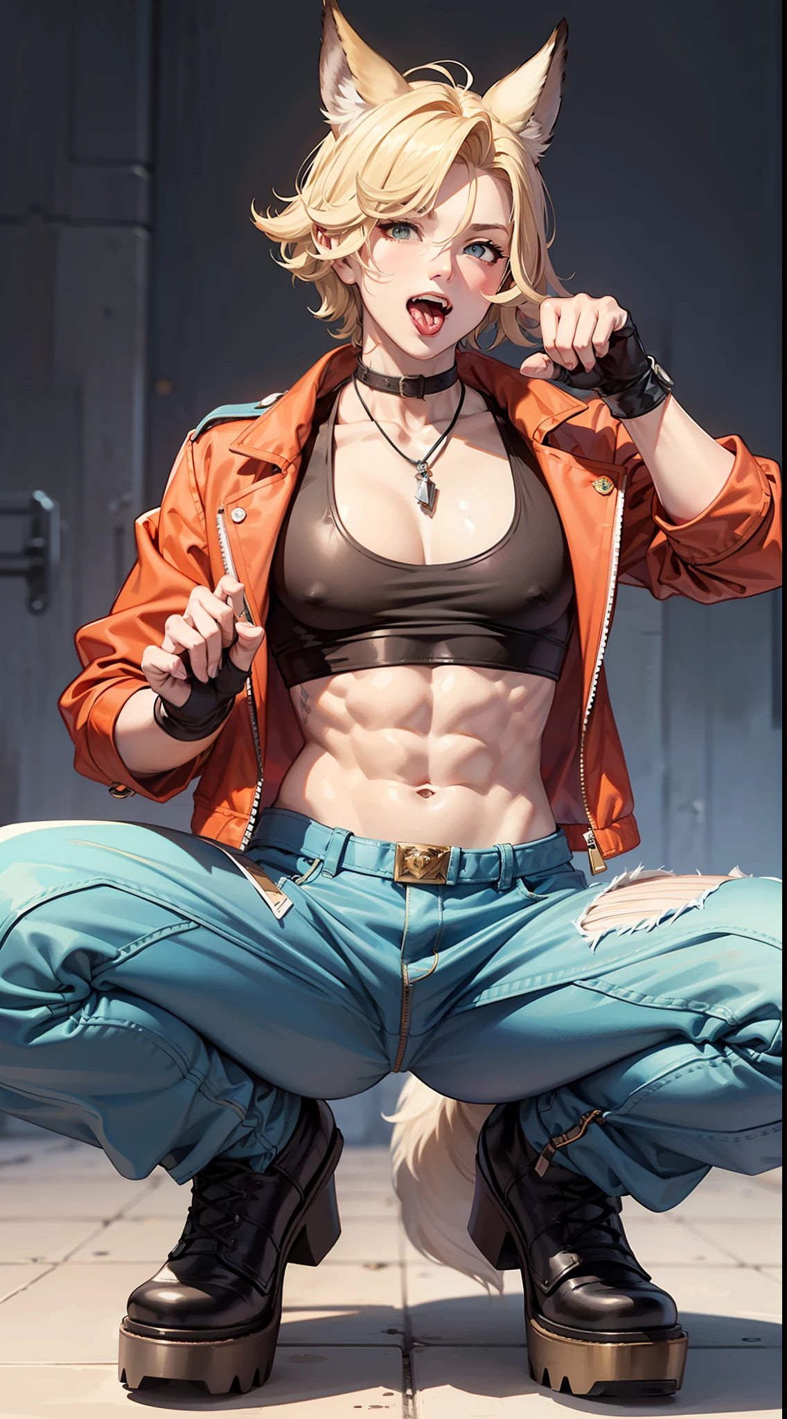 UHD, anatomically correct, ccurate, textured skin, super detail, high details, award winning, best quality, high quality, 16k, masterpiece, official art, best quality, large pectorals, wolf boy, pectorals, bara, muscular male, object insertion, muscular, male focus,, object insertion, orange jacket, torn clothes, wolf tail, vane (granblue fantasy), solo, wolf ears, short hair, tail, 1boy, blonde hair,, toy, abs, open jacket, torn shirt, pants, animal ears, official alternate costume, open clothes, jacket, bare pectorals, cropped jacket, bangs, open mouth, blush, butt plug, fake tail, tail, fur collar, paw pose, tongue, halloween costume, looking at viewer, thick thighs, tongue out, navel, shirt, thighs, green eyes, smile, white shirt, animal hands, fangs, tank top, squatting, blue pants, teeth, gloves, ass, paw gloves, torn pants, black tank top, animal costume, fangs out,