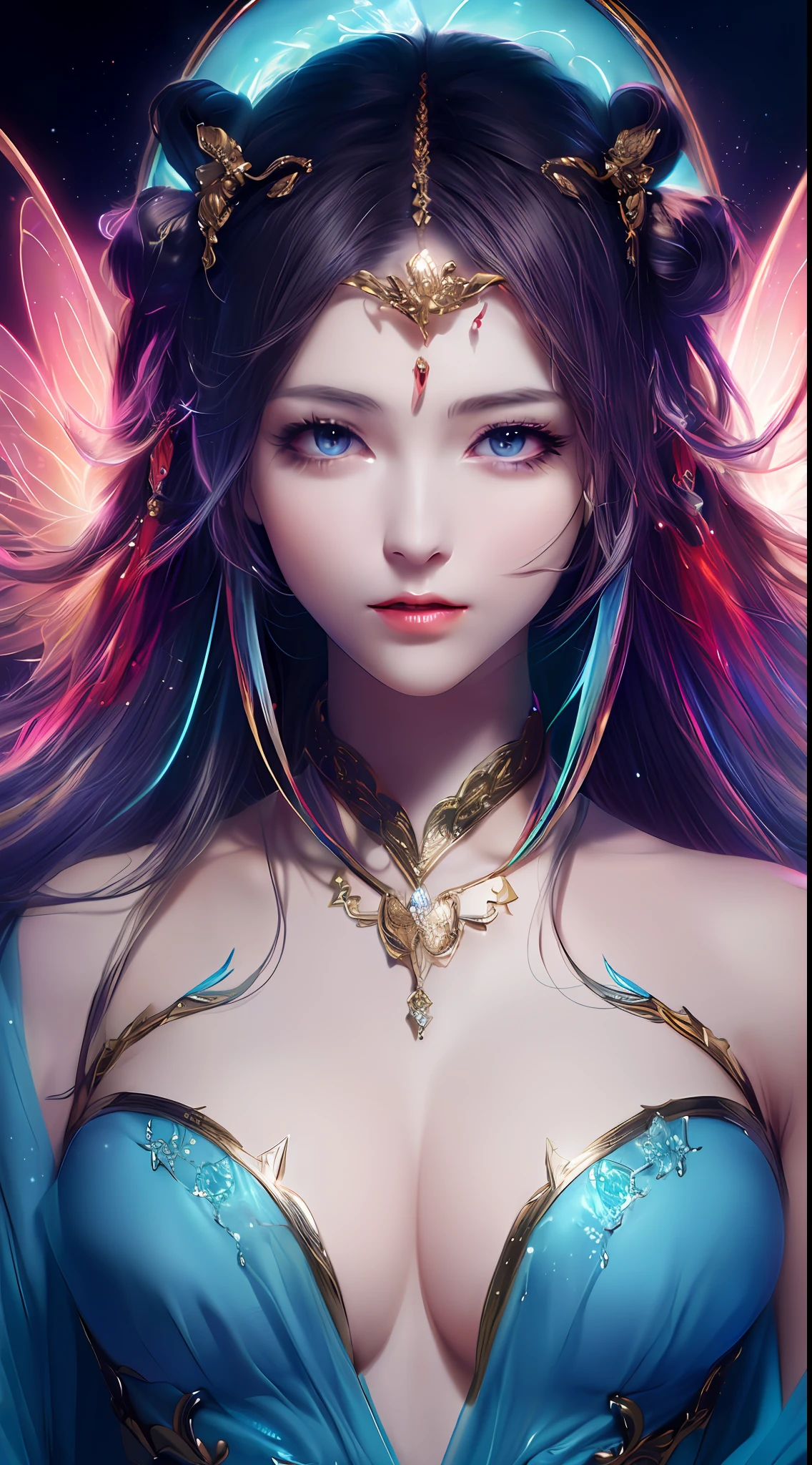 (8k, RAW Photo: 1.2), Best Quality, Illustration, Beautiful Painting, 1 Woman, Beautiful Face, Delicate Skin, Gorgeous Bun, Hair Ornament, Hanfu, Full Body, Huge Colored Wings on the Back, High Detail, Focus, Color Ink Painting, Splash Color, ((((colorful))), lycoris, sketch, denoising, ink splash, dramatic, symmetrical beauty, cinematic grade, particle special effects, fairy style, white background, super high resolution, best shadow, RAW, (HDR) (wallpaper) (cinematic lighting) (sharp focus), masterpiece, (very detailed CG unified 8k wallpaper)