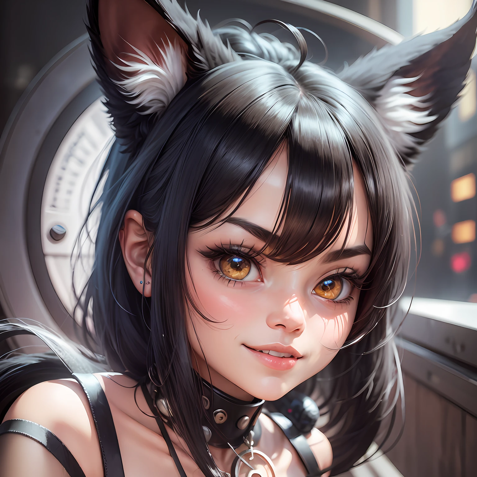 full body robot, black hair, hair bobbles, wince, long lashes, solid circle eyes, fake animal ears, clear smile, ear blush, tusk, drop shadow, anaglyph, stereogram, tachi-e, pov, atmospheric perspective, 8k, super detail, ccurate, best quality --auto
