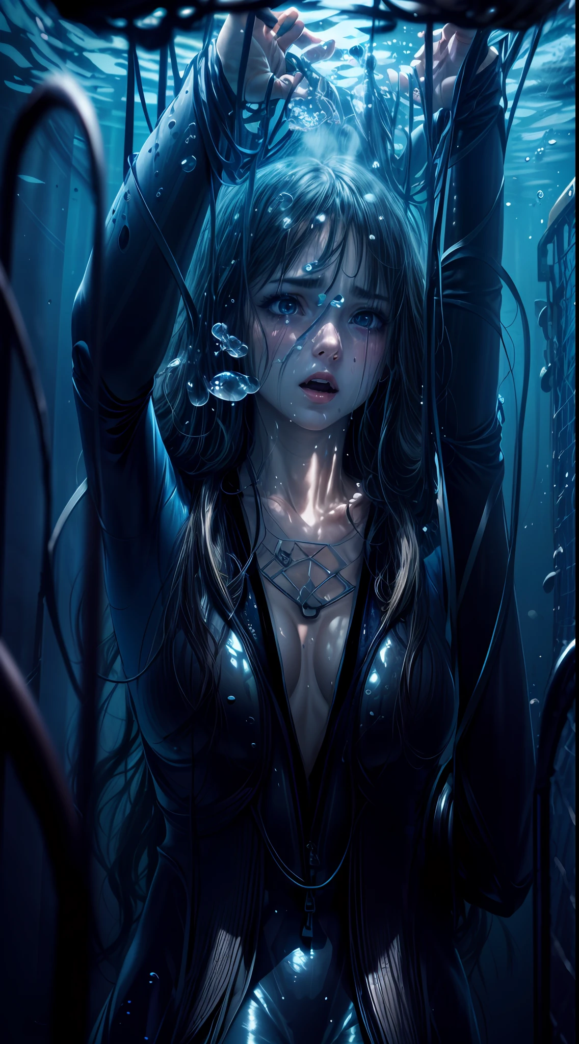 ((underwater shooting)), women, (masterpiece), (big vista), high quality, 4k, detailed, ((diving)), wetsuit, diving mask, bubbles, long hair, curly hair, ((underwater)), low light, night, (dark atmosphere), (trapped in an iron cage)), (huge iron cage), schools of fish, starry sky, (expression of despair: 1.2), sharp focus,