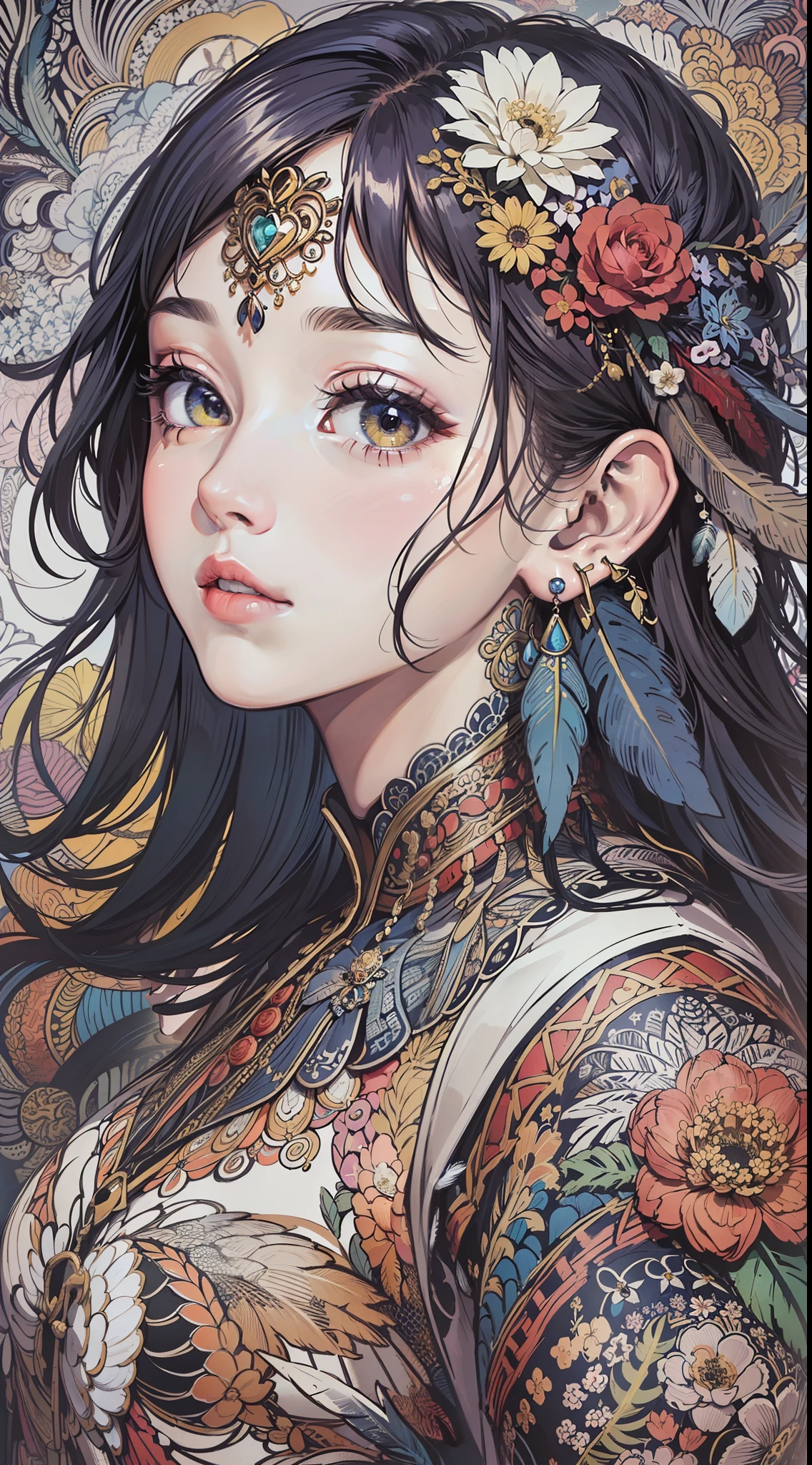 (masterpiece, top quality, best quality, official art, beautiful and aesthetic:1.2), (1girl:1.3), extremely detailed,(fractal art:1.1),(colorful:1.1)(flowers:1.3),highest detailed,(zentangle:1.2), (dynamic pose), (abstract background:1.3), (many colors:1.4), ,(earrings), (feathers:1.5)