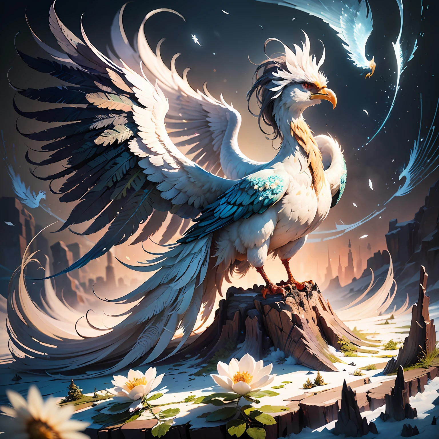 (Concept Art + Surrealism), (Ultra Detailed CG 3D Oil Painting, Majestic Phoenix Bird White Frost Feathers + Surreal Background Flowers), (Watercolor Effect + Oil Painting Effect + Magic Effect), (Fantasy + Fairy Tale)