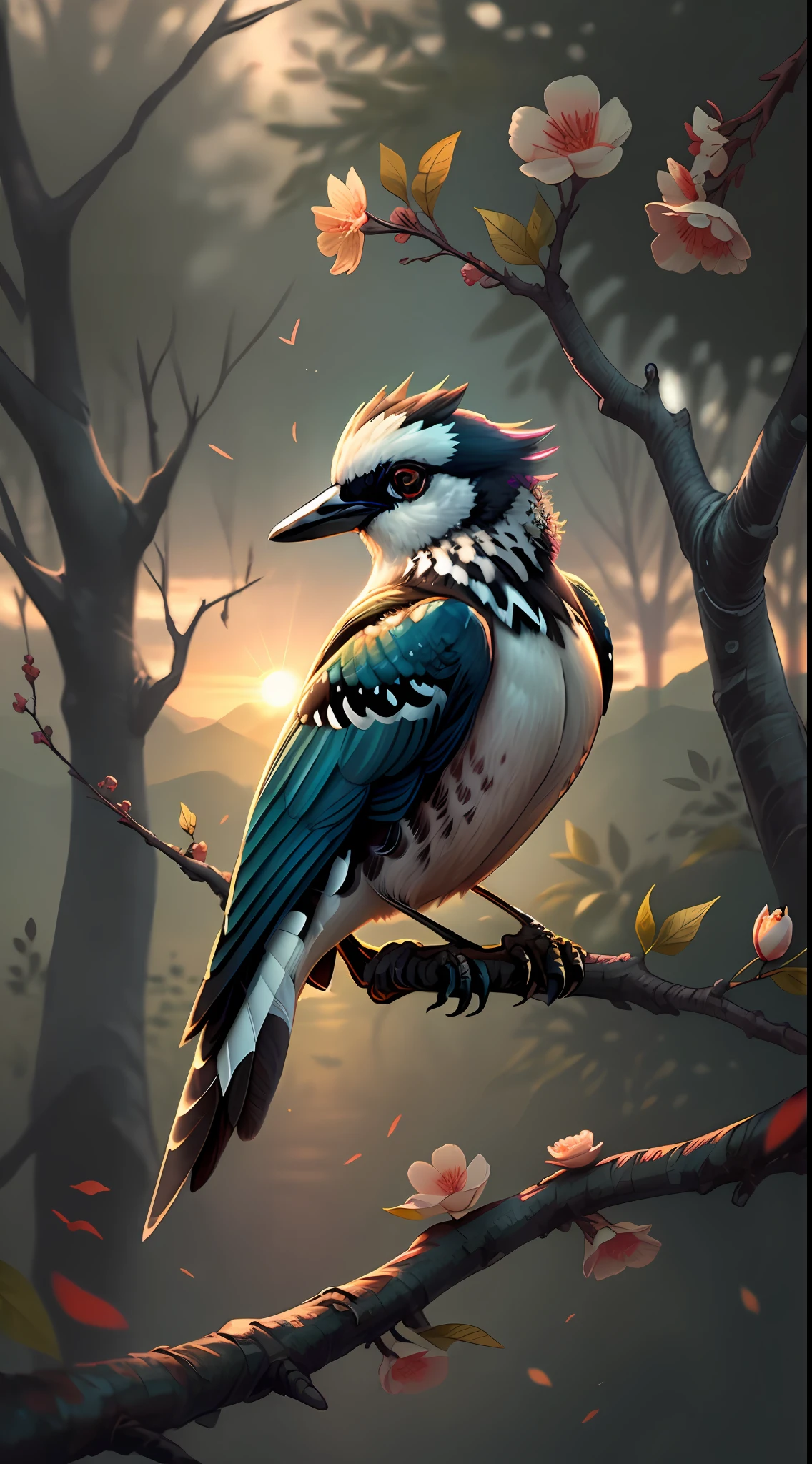 Magpie, a kind of bird, on the branch, sunrise, 8k, beautiful, colorful, masterpiece, top quality, best quality, official art, beautiful and beautiful,