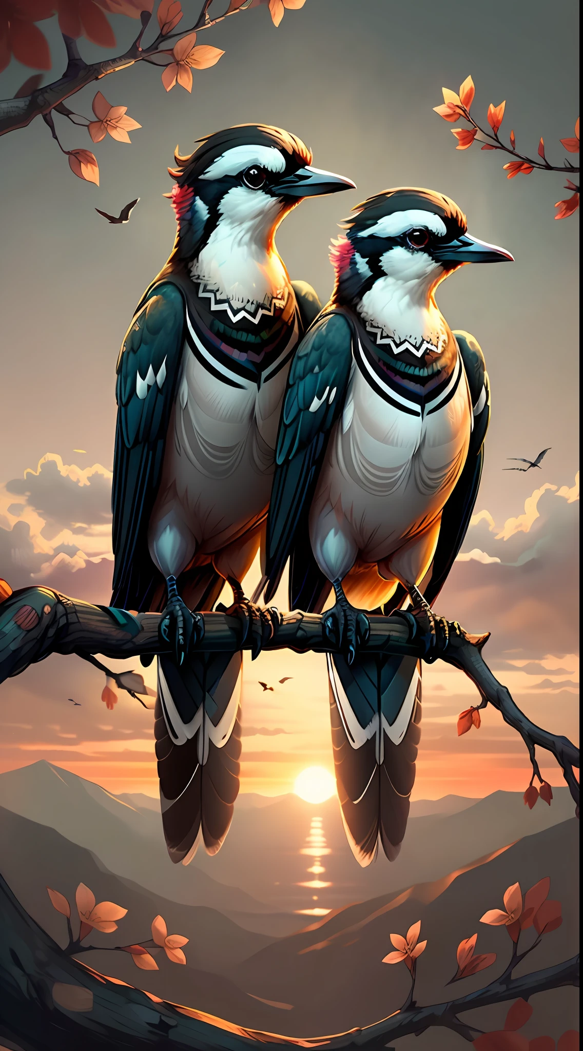 Magpie, a kind of bird, a pair of magpies on a branch, sunrise, 8k, beautiful, colorful, masterpiece, top quality, best quality, official art, beautiful and beautiful,