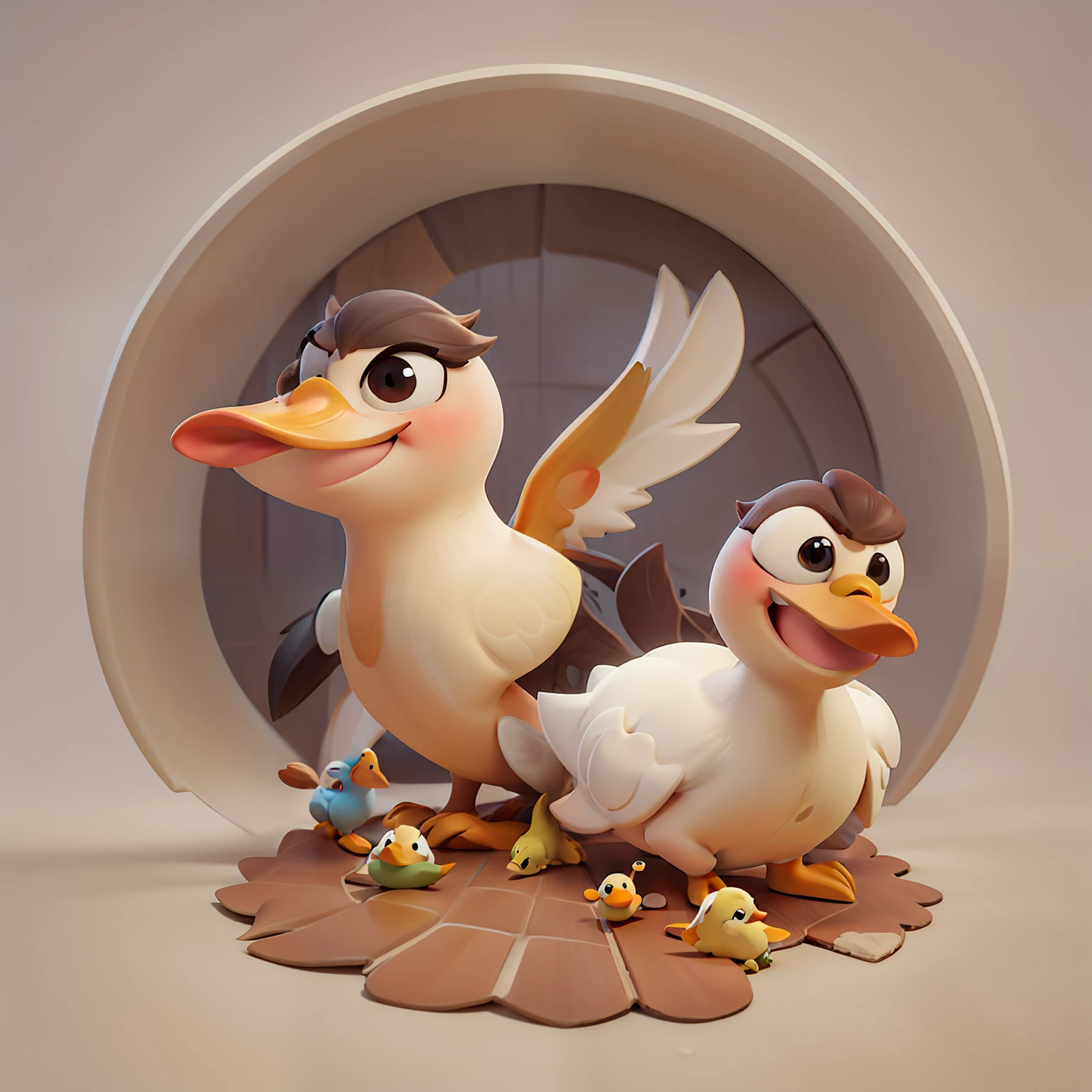 Duck with Duckling, dreamworks cartoon style, white background, happy mood