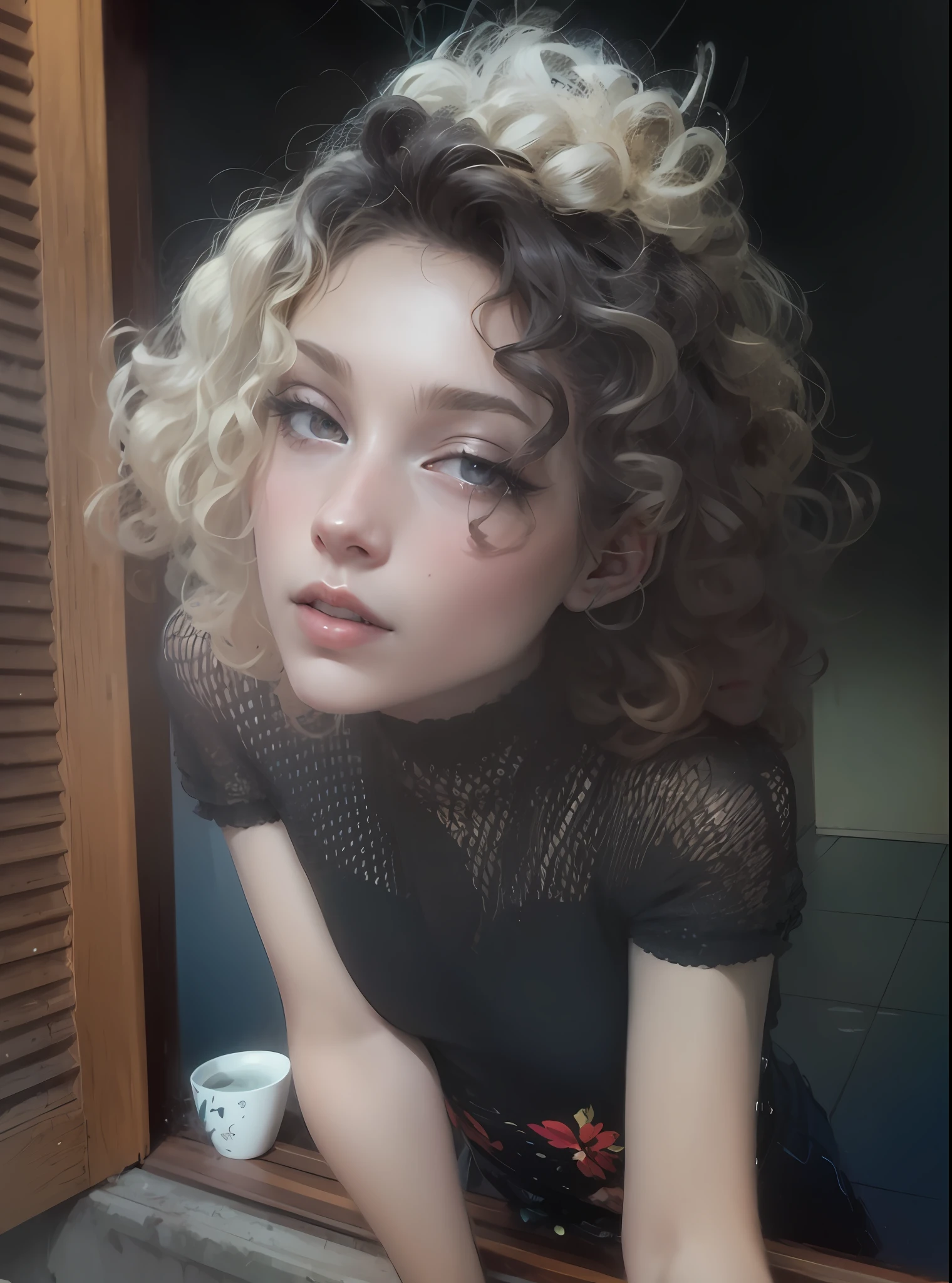 there is a woman with curly hair looking out of a window, short curly blonde haired girl, by Nándor Katona, curly blonde hair | d & d, pale skin curly blond hair, curly blond, inspired by Elsa Bleda, very very curly blond hair, messy curly hair, curls on top, around 1 9 years old, curly haired