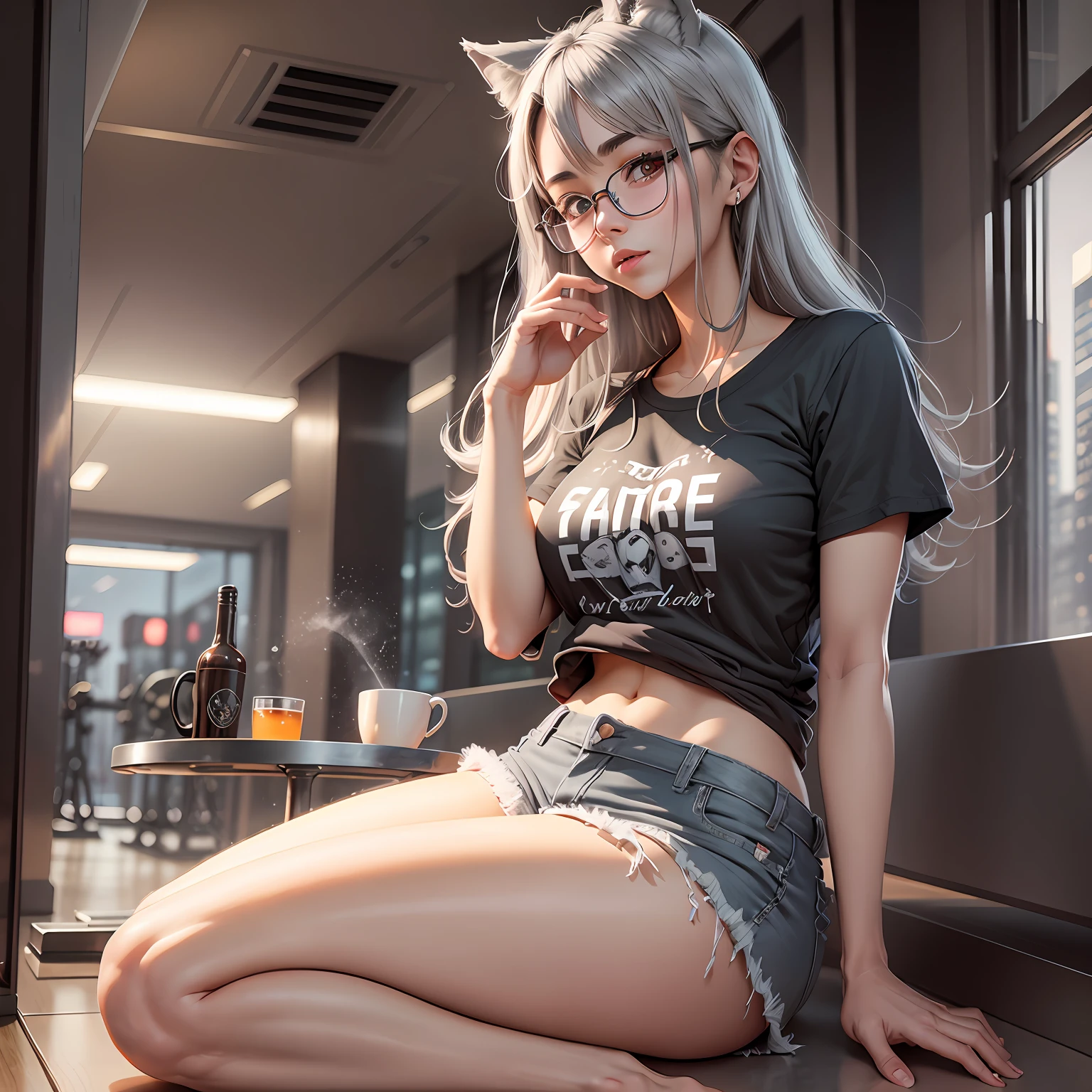 Masterpiece, Taobao live model, white hair, long hair, small lively breasts, on the street, daytime, white t-shirt, , blue jeans, white t-shirt, t-shirt english letter logo, logo: fox666, logo color red, poker face --auto