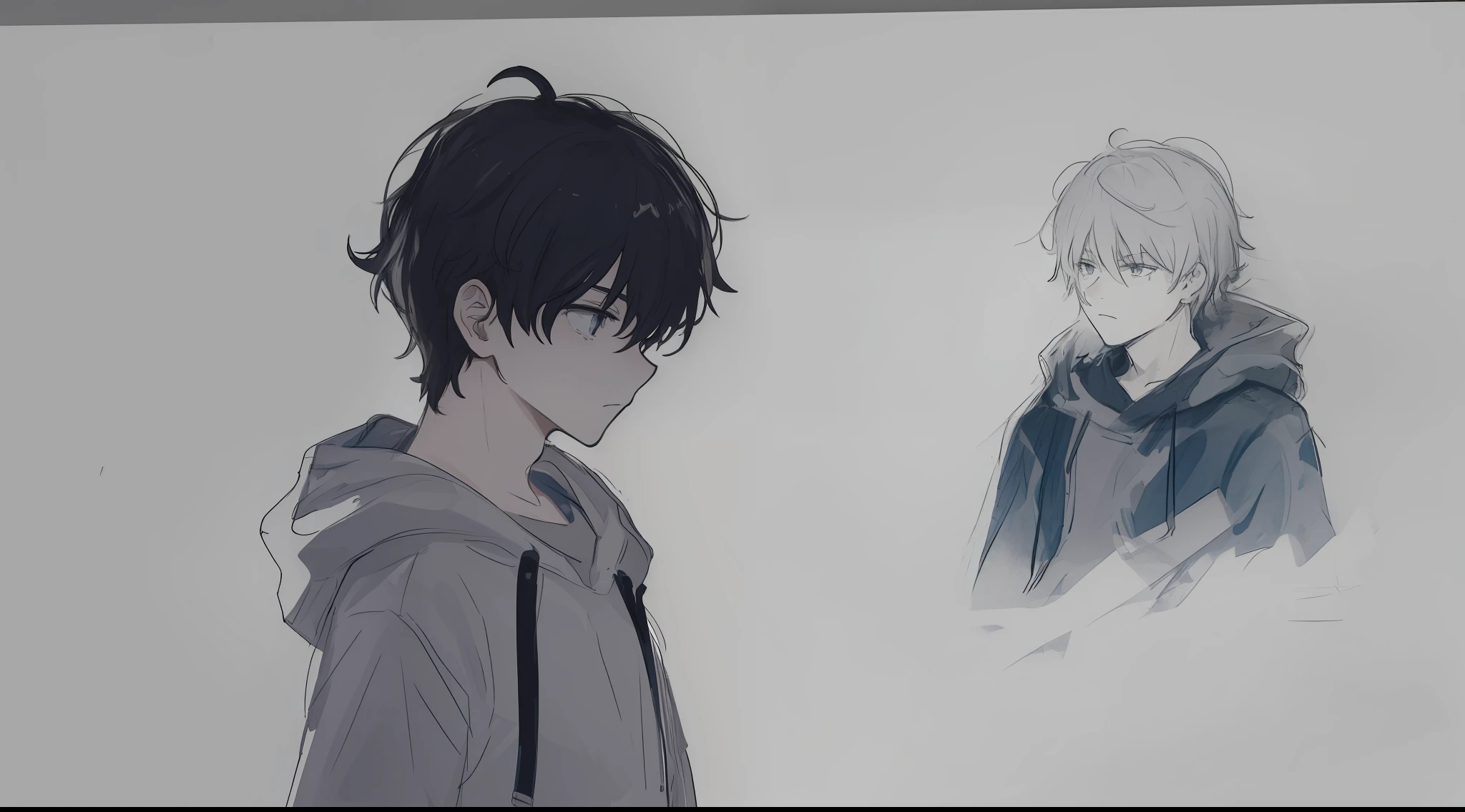 simple drawing of a sad boy, scribble, sad boy, hood, sad environment, sketch, colorful