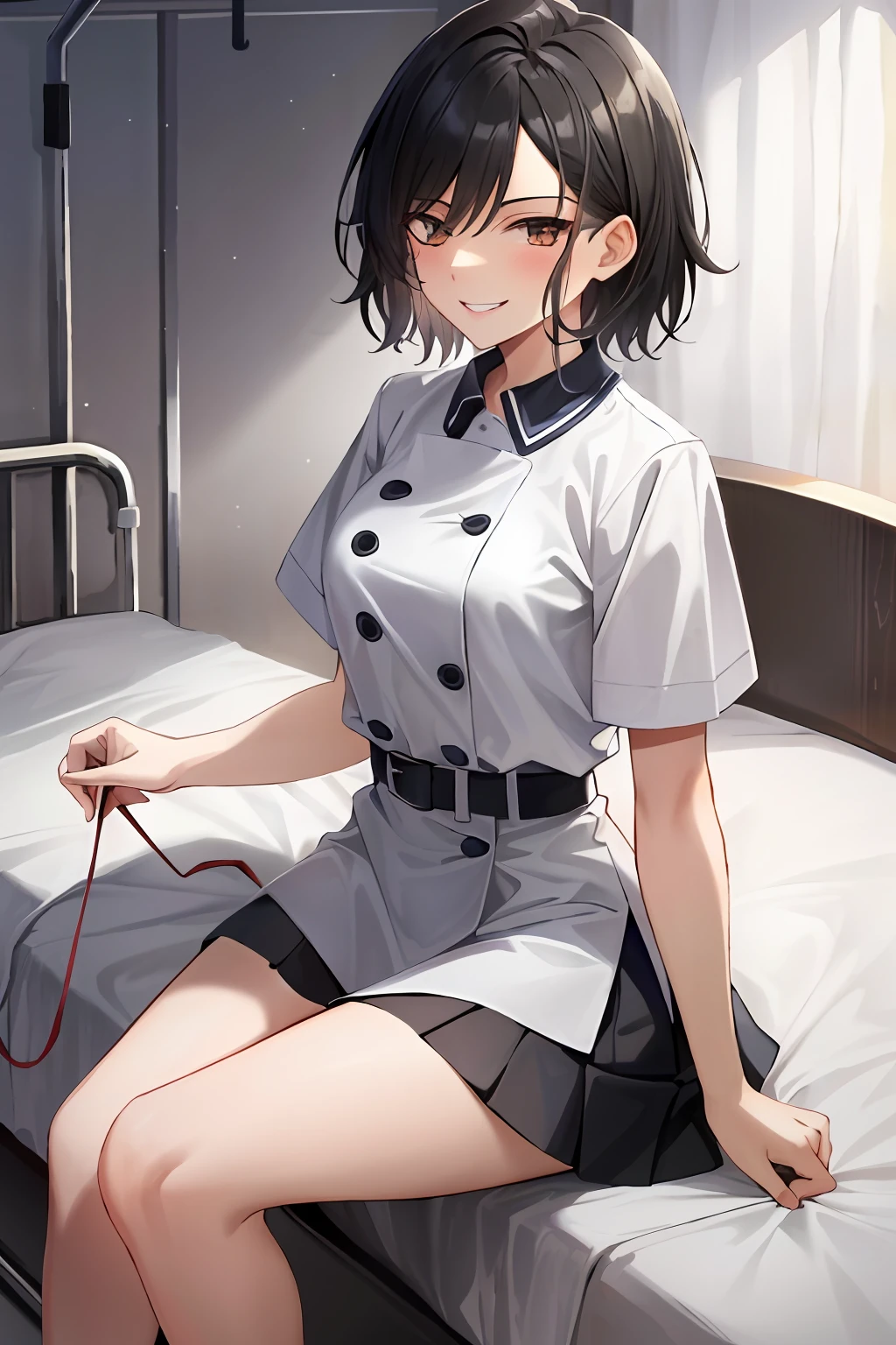 Masterpiece, Top Quality, High Resolution, Masterpiece, Adult Woman One, Evil Smile, Evil Smile, Evil Plan, Black Hair, White Nurse Uniform, Short Hair, Brown Eyes, Mini Skirt, Hospital Room