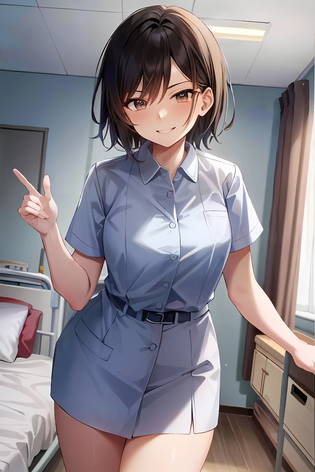 Masterpiece, Top Quality, High Resolution, Masterpiece, Adult Woman One, Evil Smile, Evil Smile, Evil Plan, Black Hair, White Nurse Uniform, Short Hair, Brown Eyes, Mini Skirt, Hospital Room