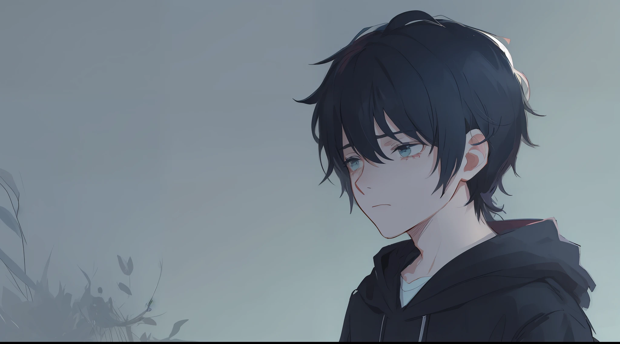 simple drawing of a sad boy, scribble, sad boy, hood, sad environment, sketch, colorful