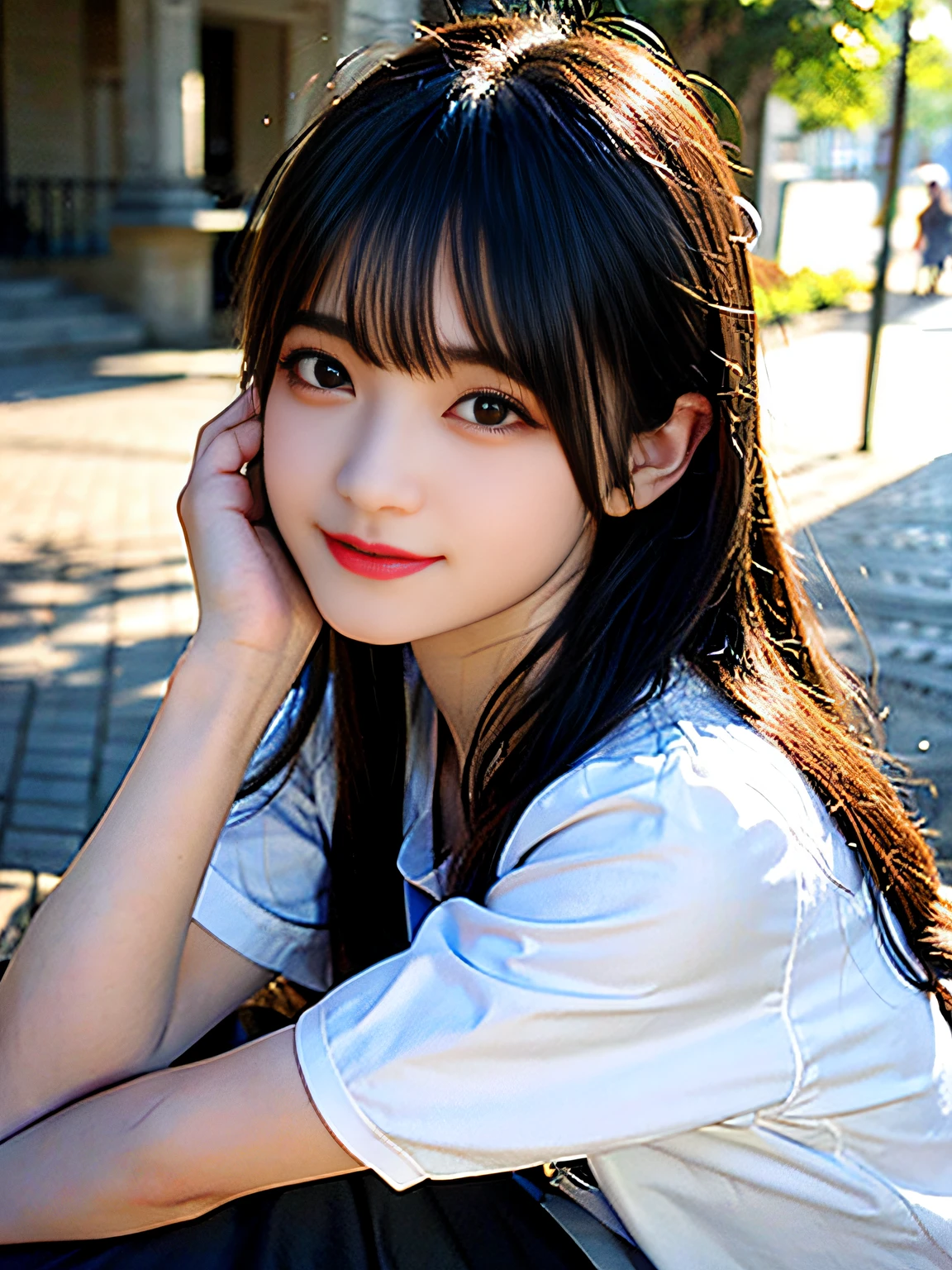 (8k raw photos, top quality, masterpiece, UHD), (realistic, photorealistic: 1.37), (realistic skin shading), ultra high resolution, depth of field, soft sunlight, very cute girl, tips, moles under the left eye, red eyes, long eyelash, ((puffy eyes)),, cute face, very detailed eyes and hair, beautiful detail skin, happy smile, brown hair, thick bangs, shiny hair, curly hair, skirts, boots, wizard, fantasy, magic effects,