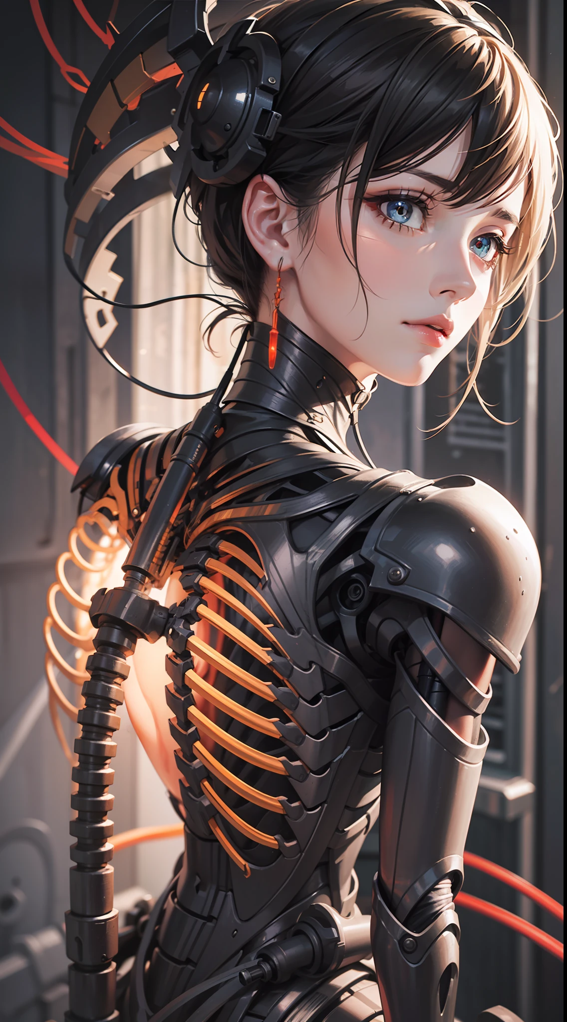 1mechanical girl,((ultra realistic details)), portrait, global illumination, shadows, octane render, 8k, ultra sharp,metal,intricate, ornaments detailed, cold colors, egypician detail, highly intricate details, realistic light, trending on cgsociety, glowing eyes, facing camera, neon details, machanical limbs,blood vessels connected to tubes,mechanical vertebra attaching to back,mechanical cervial attaching to neck,sitting,wires and cables connecting to head