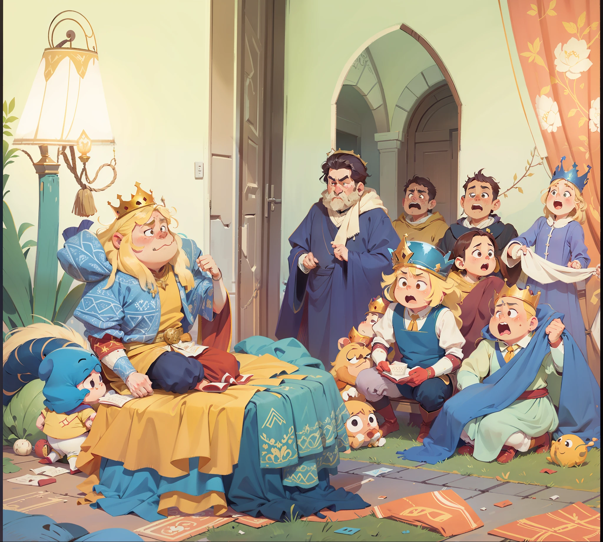 A fat yellow-haired king sat alone on the bed, and a group of servants knelt on the ground, the emperor's new clothes
