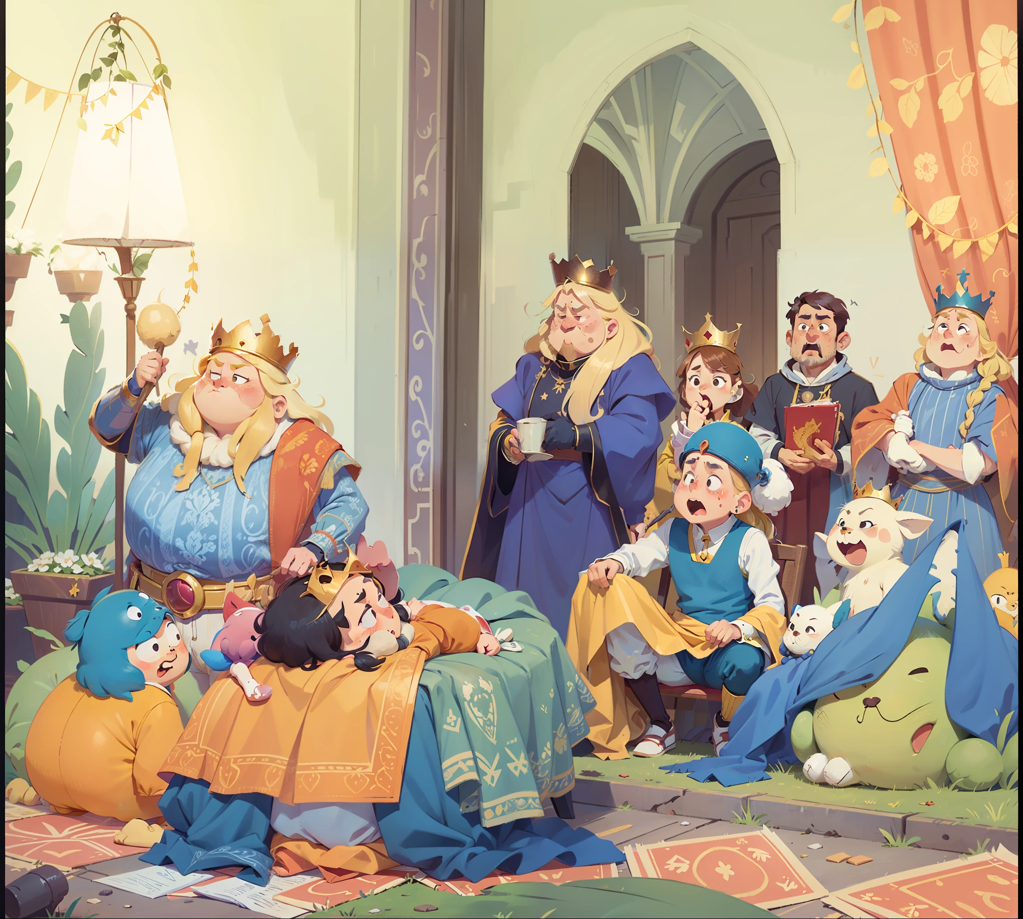 A fat yellow-haired king sat alone on the bed, and a group of servants knelt on the ground, the emperor's new clothes