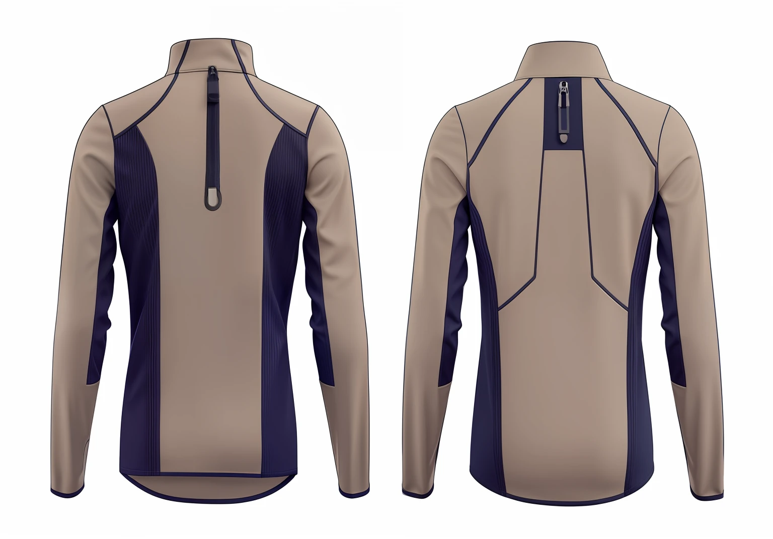 Close-up of long sleeved shirt with zipper, Starfleet uniform, inspired by Eve Ryder, Mass Effect inspired, Starfleet uniform, costume design, realistic rendering costume, fantastic designer 3d rendering, concept, concept piece, front and rear view and side view, front and rear view, front side view complete, clothing concept, 3/4 view from behind. Help me simulate models wearing renderings