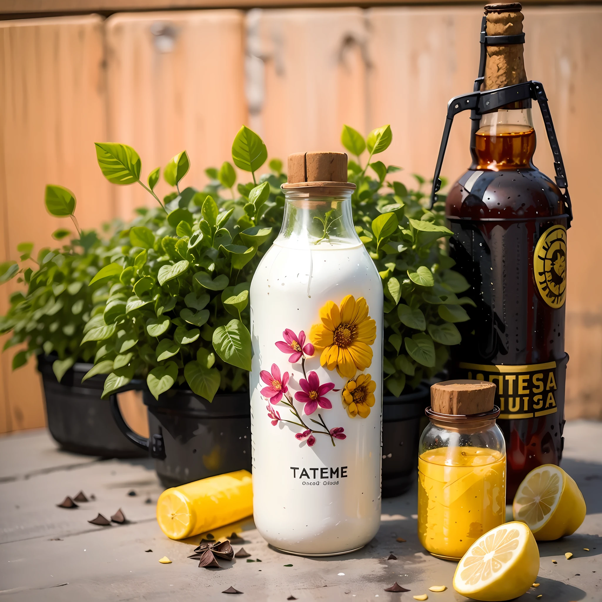 a bottle surrounded by liquid gold, tea leaves and ruby