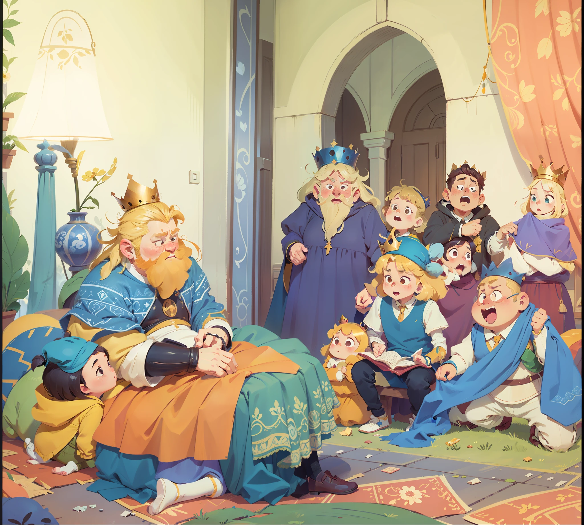 A fat yellow-haired king sat on the bed and a group of servants knelt on the ground