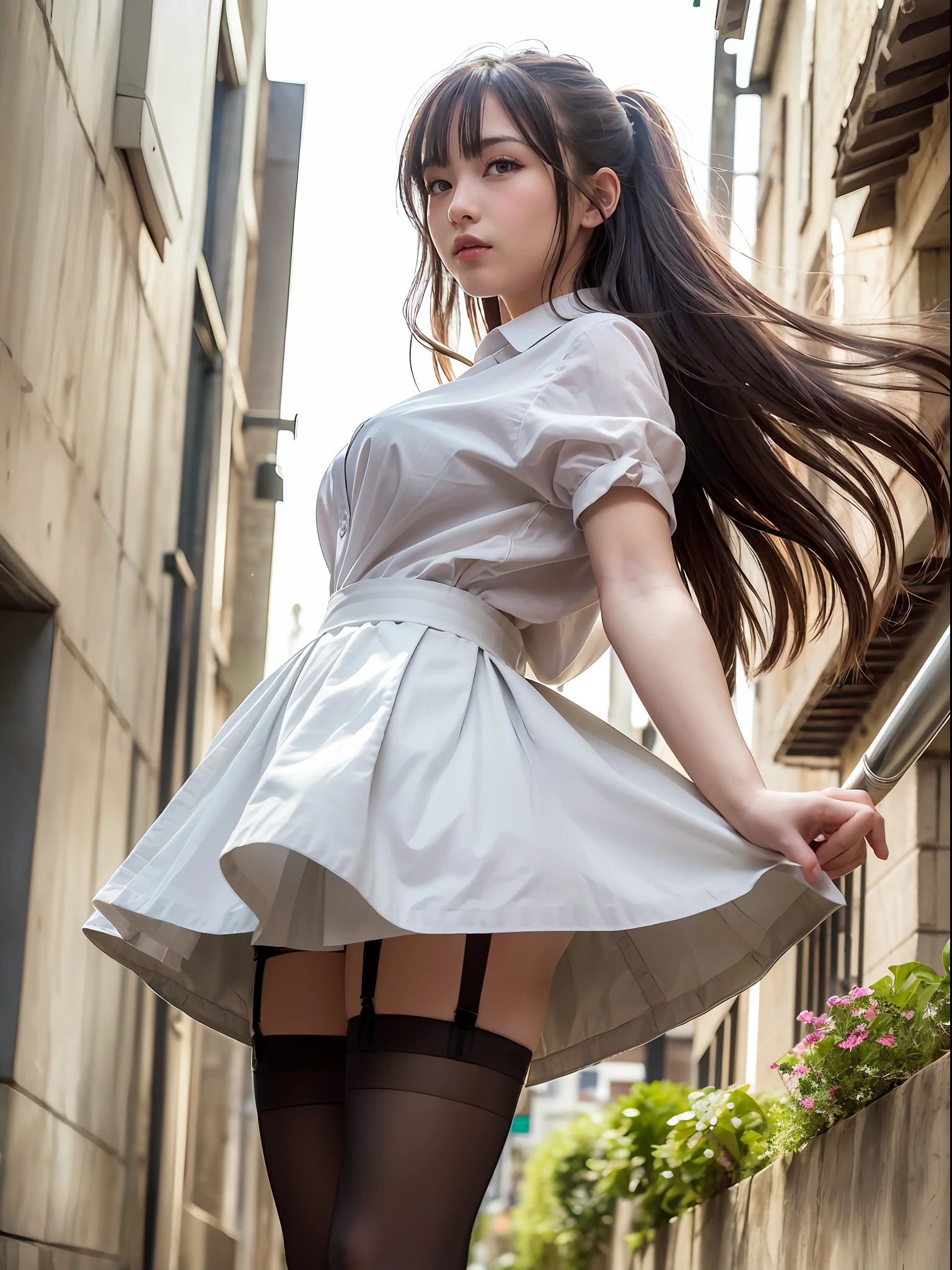 (realistic,photorealistic),(1girl,brunette,from front,from below,looking at viewer,shy,standing at street ,(maid uniform,long skirt,lift up long skirt by self ,tights,garter belt,high heel boots))